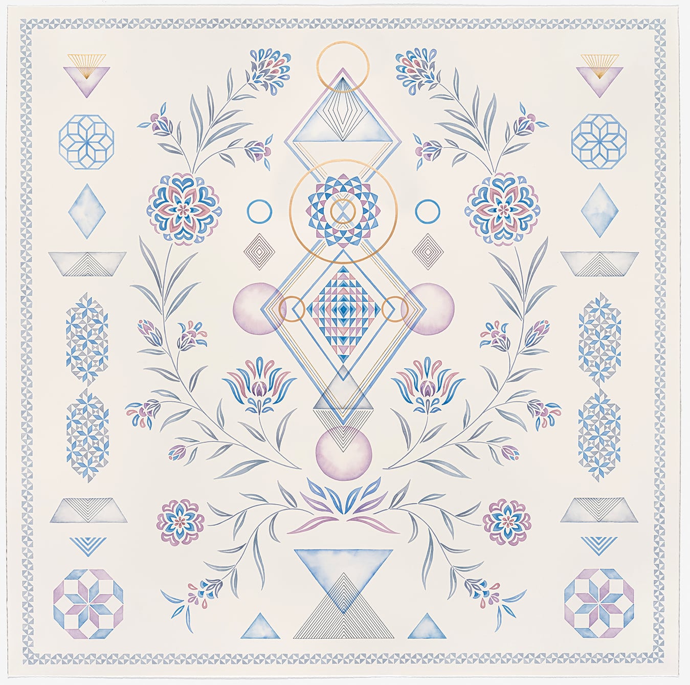 A symmetrical geometric and botanical design in blue, yellow and red