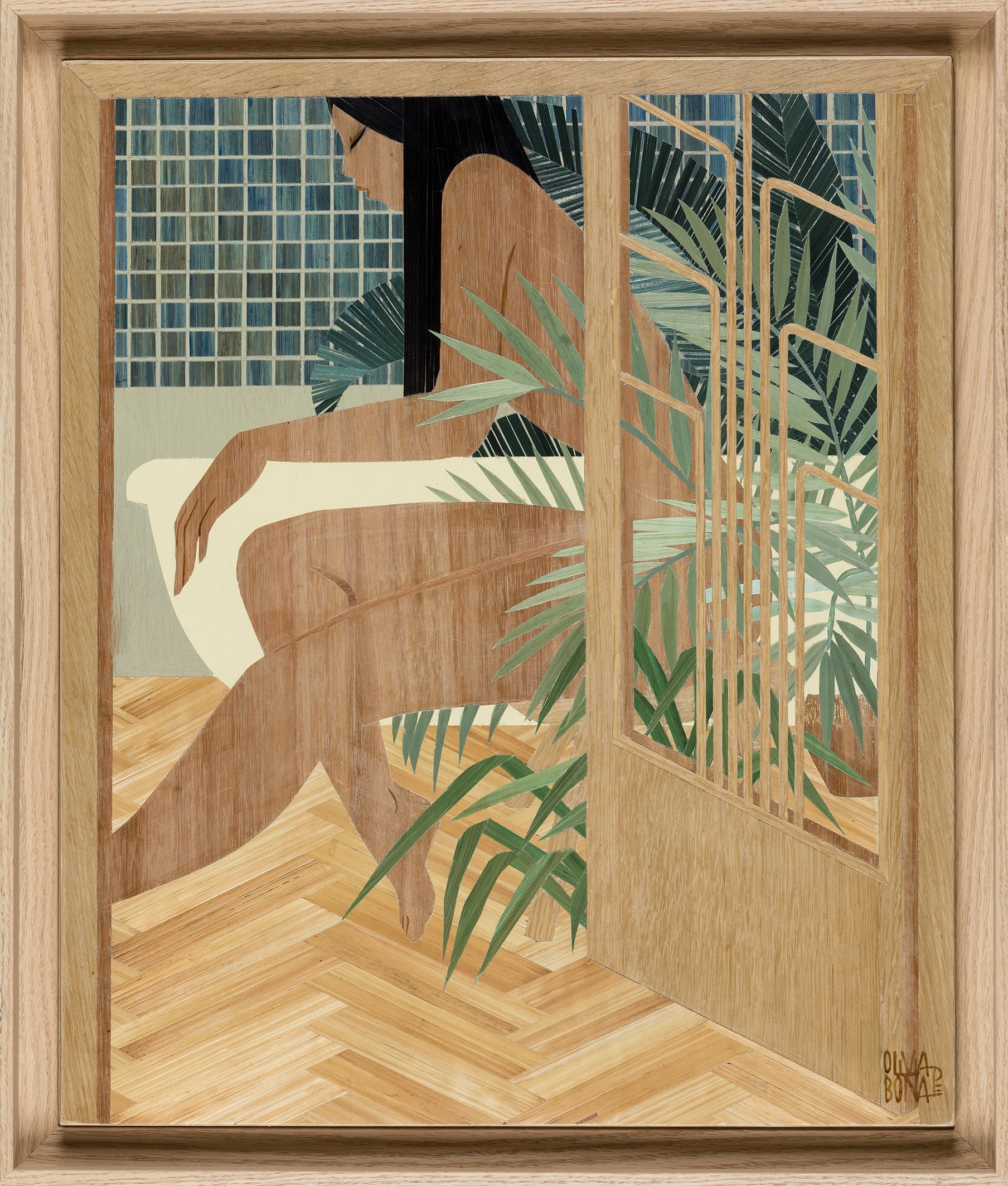 A straw marquetry work of a nude woman surrounded by plants at the edge of a bathtub