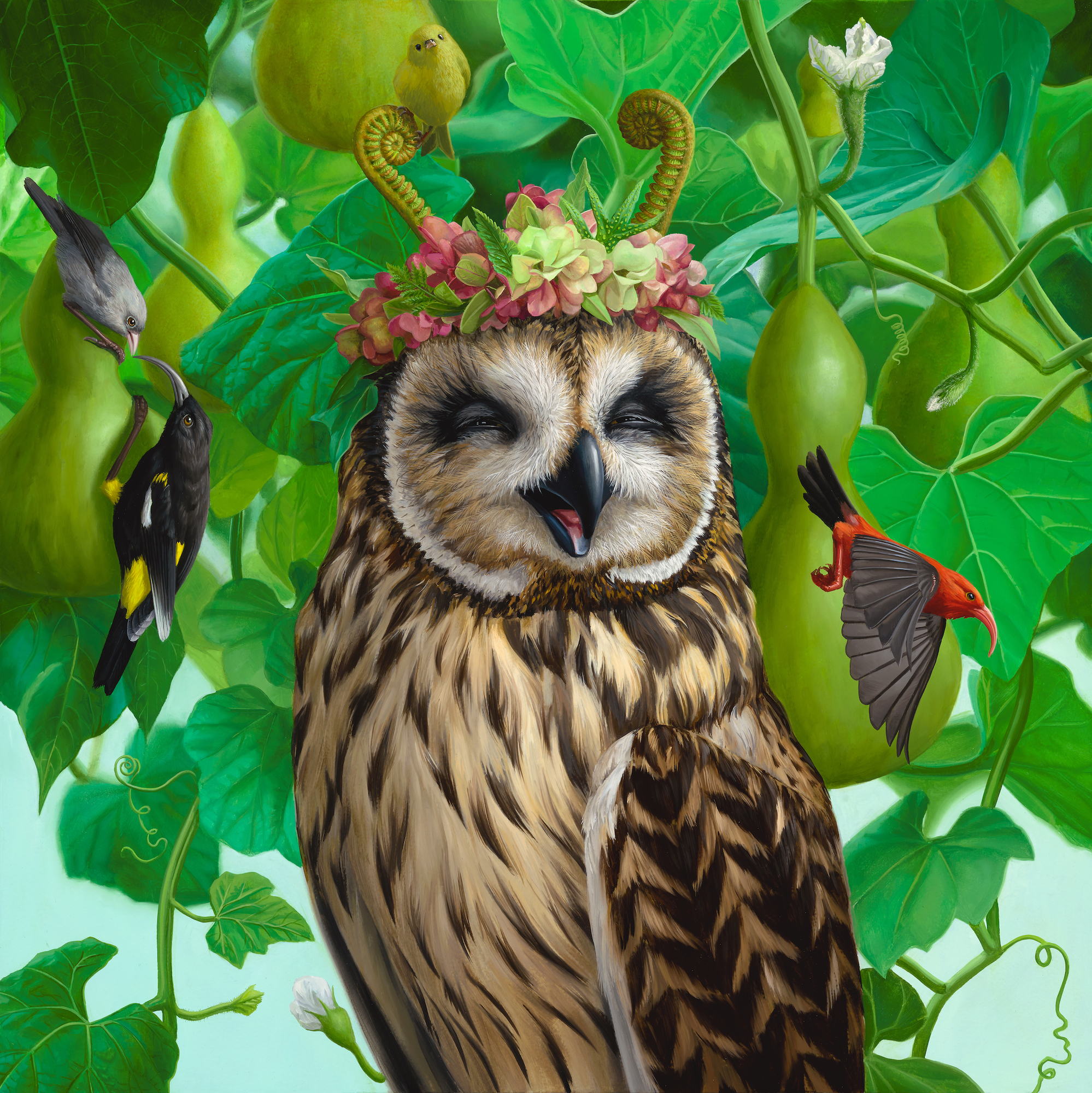 An oil painting of an owl with a wreath among some plants.