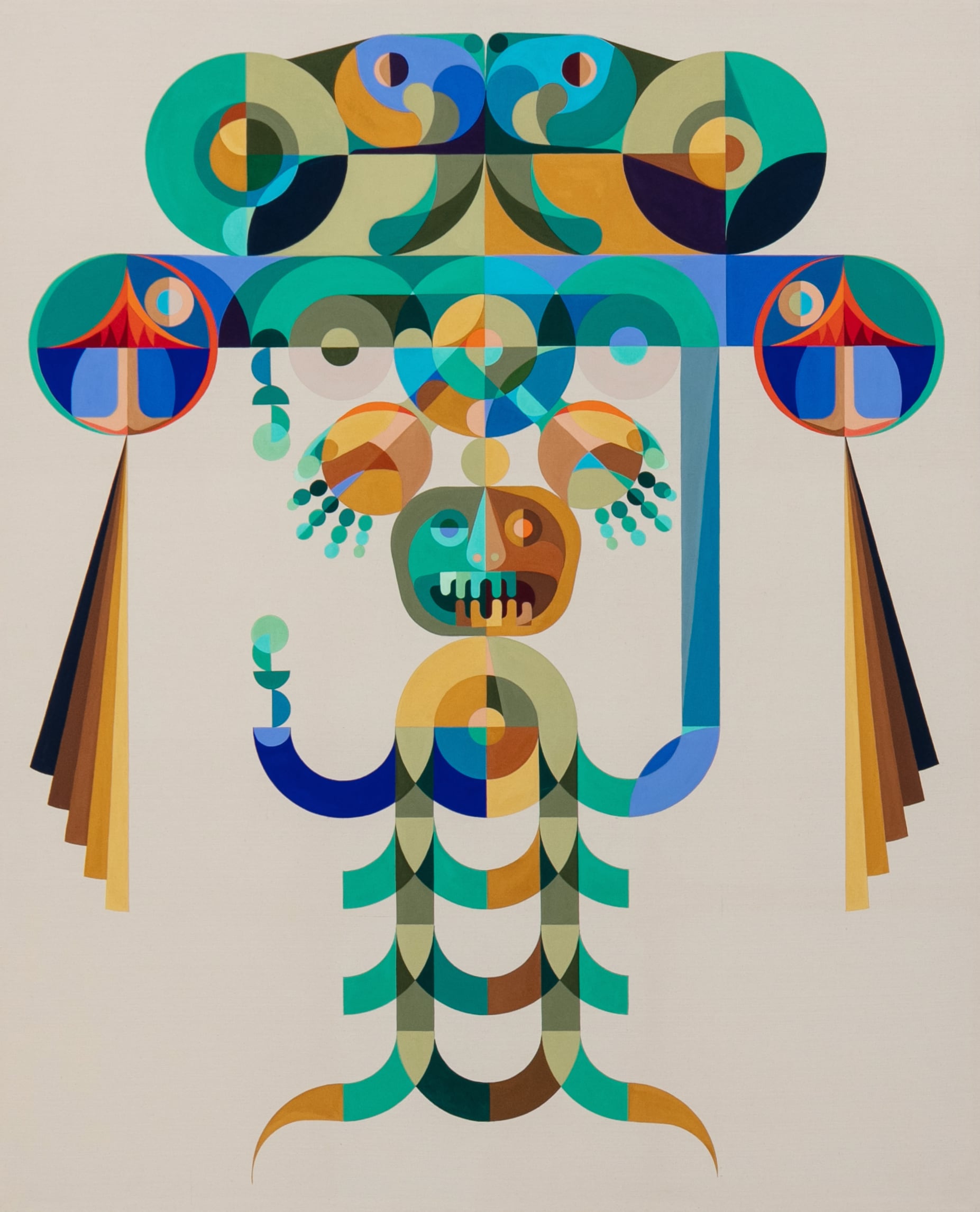 A symmetrical character in a wide headdress stands with bared teeth