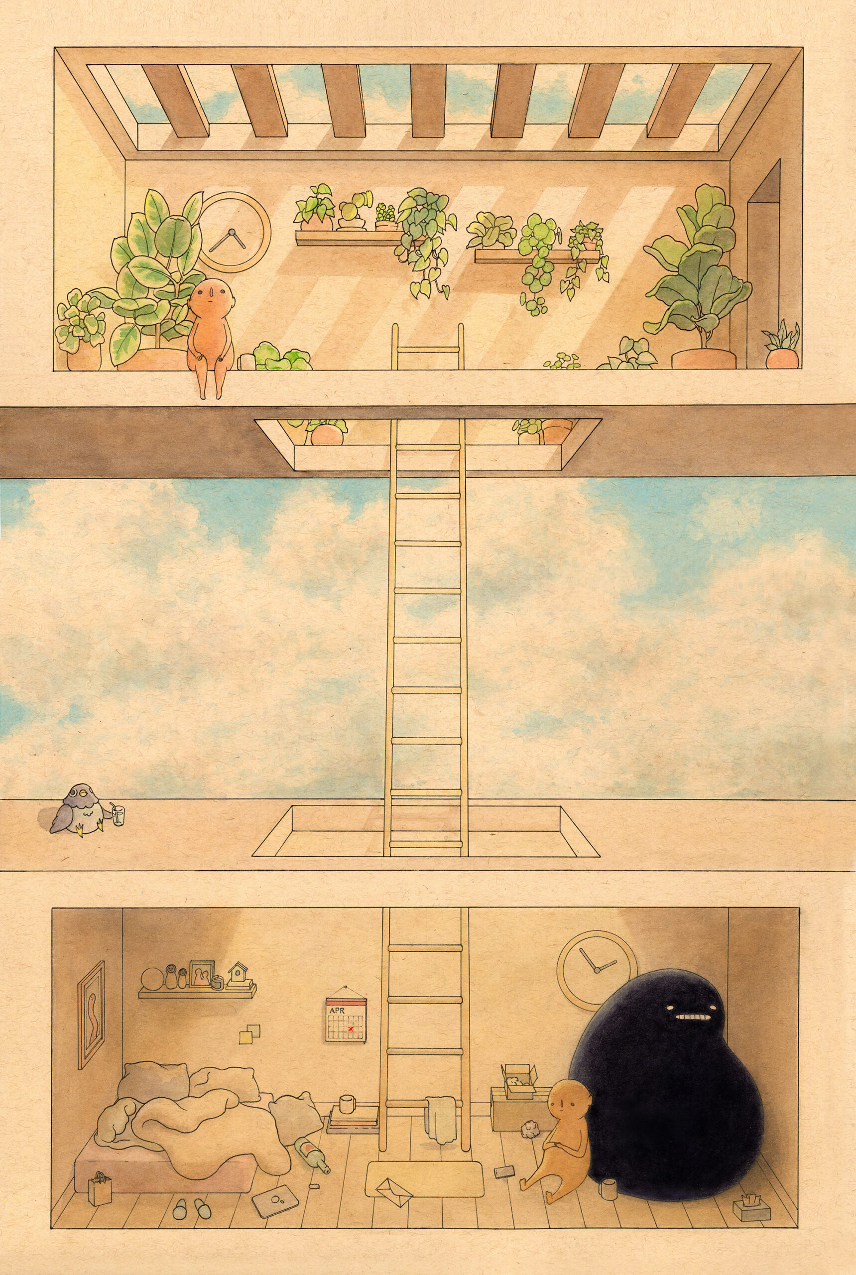 An illustration of a small figure in an apartment with a sunny top and a dark bottom.