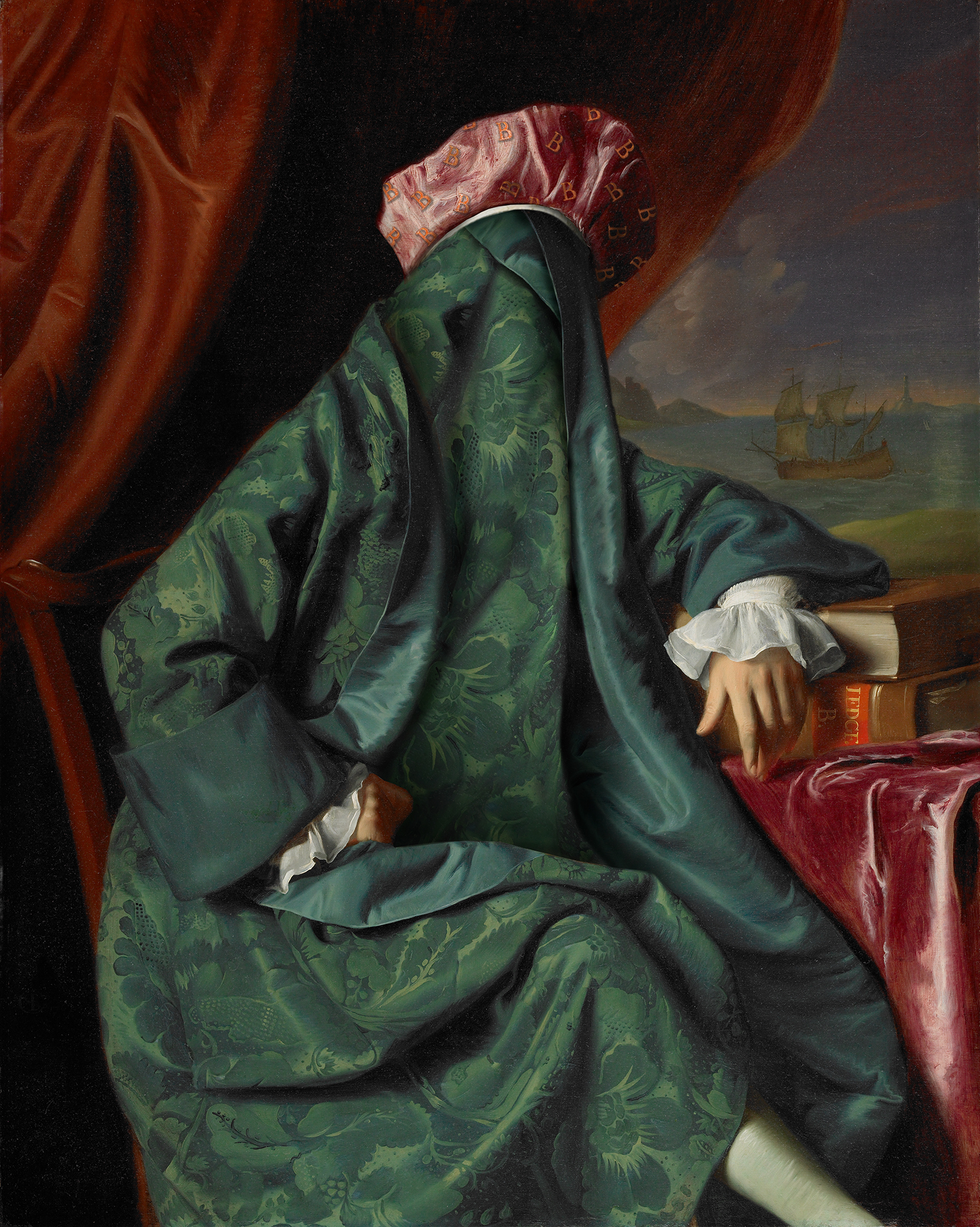 A digitally manipulated artwork by Copley of a man in a green robe so large that it covers his entire body.