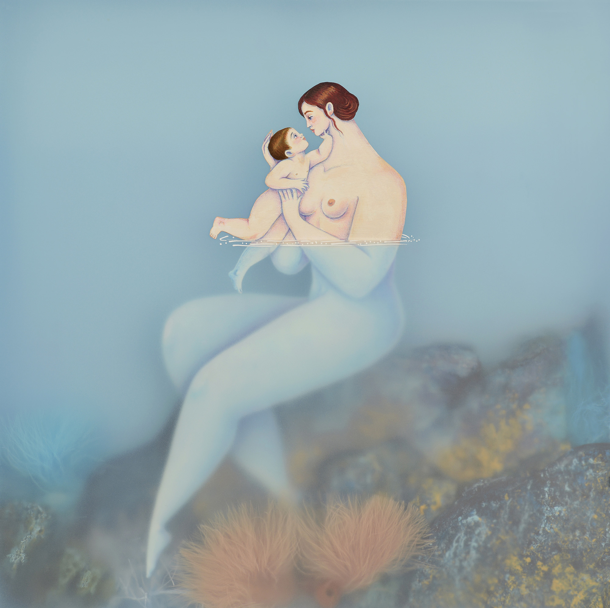 An illustration of a mother in the water with her baby.