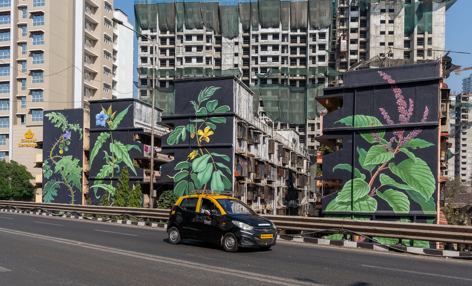 Four green plants with blue, yellow and pink flowers tower over Mumbai with a road in the foreground