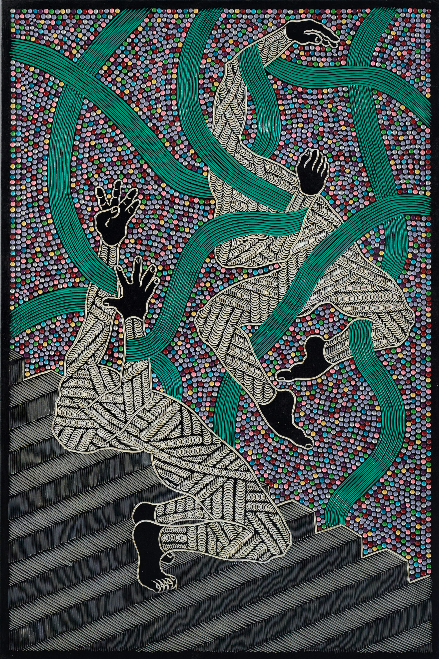 An abstract painting carved from wood with geometric patterns and two headless figures with patterned garments that float through the composition.