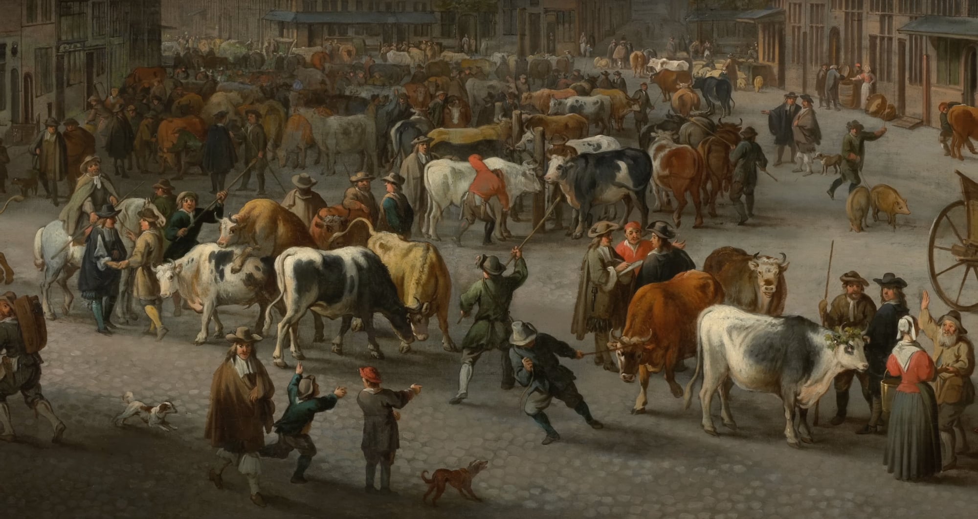 A painting of a town square with livestock and people