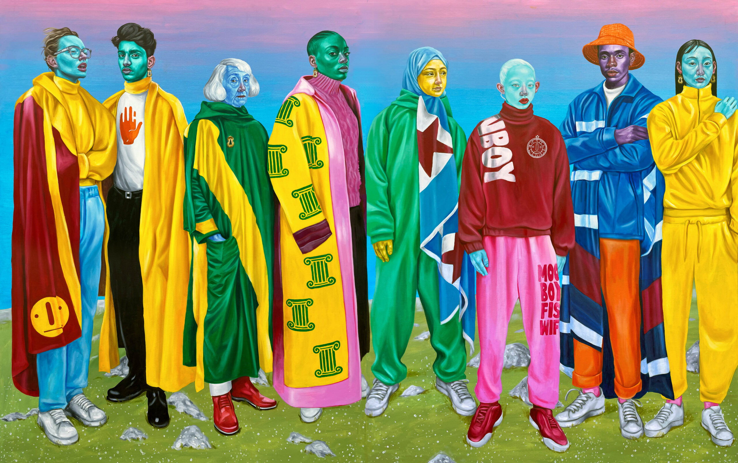 A horizontal painting of eight figures wearing colorful robes.