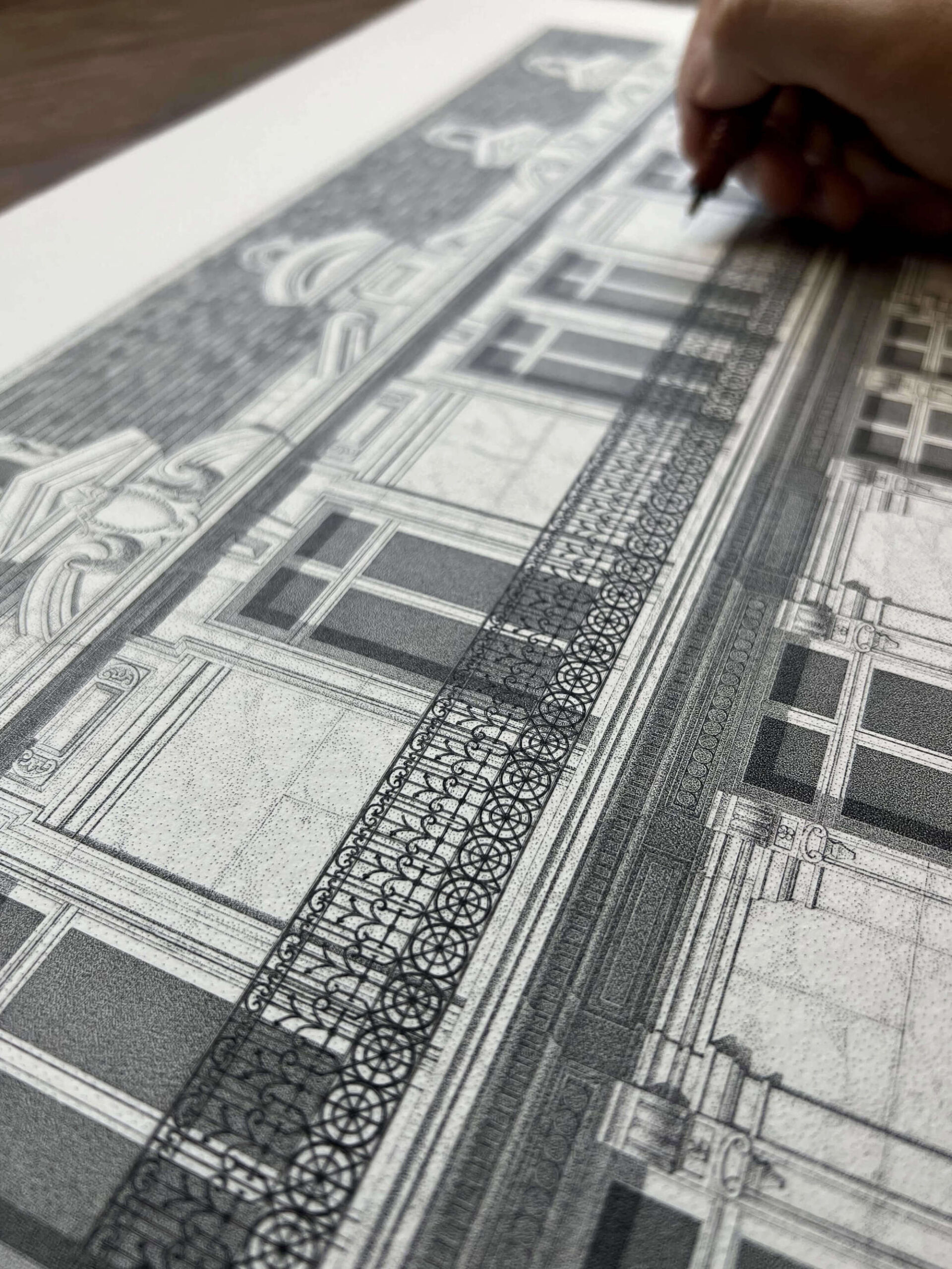 A stippled ink drawing in progress of a classical facade.