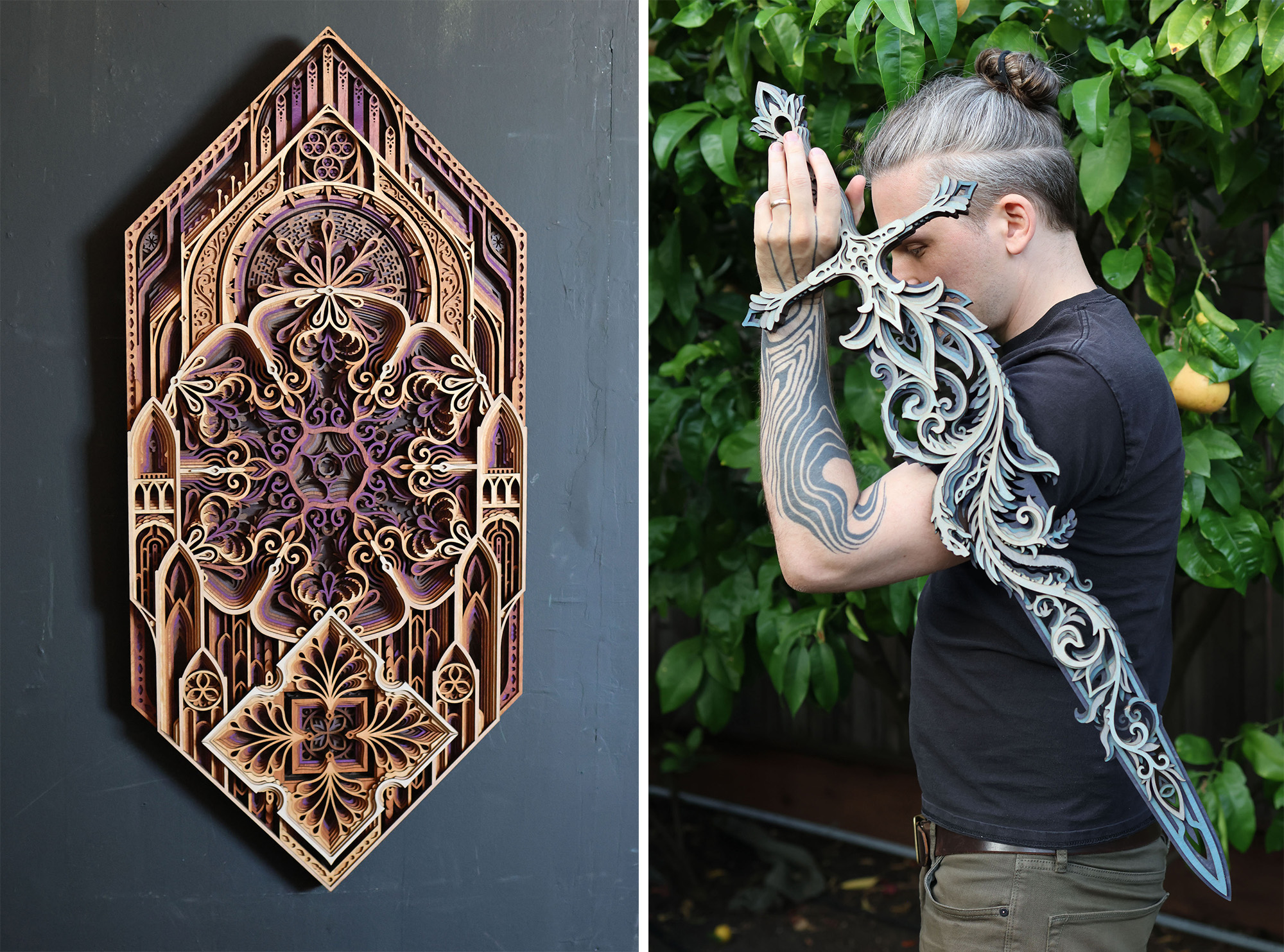 Two images side-by-side. The left-side image shows a wall relief made from layers of laser-cut plywood. The right side shows a man holding a sword made from layers of wood.