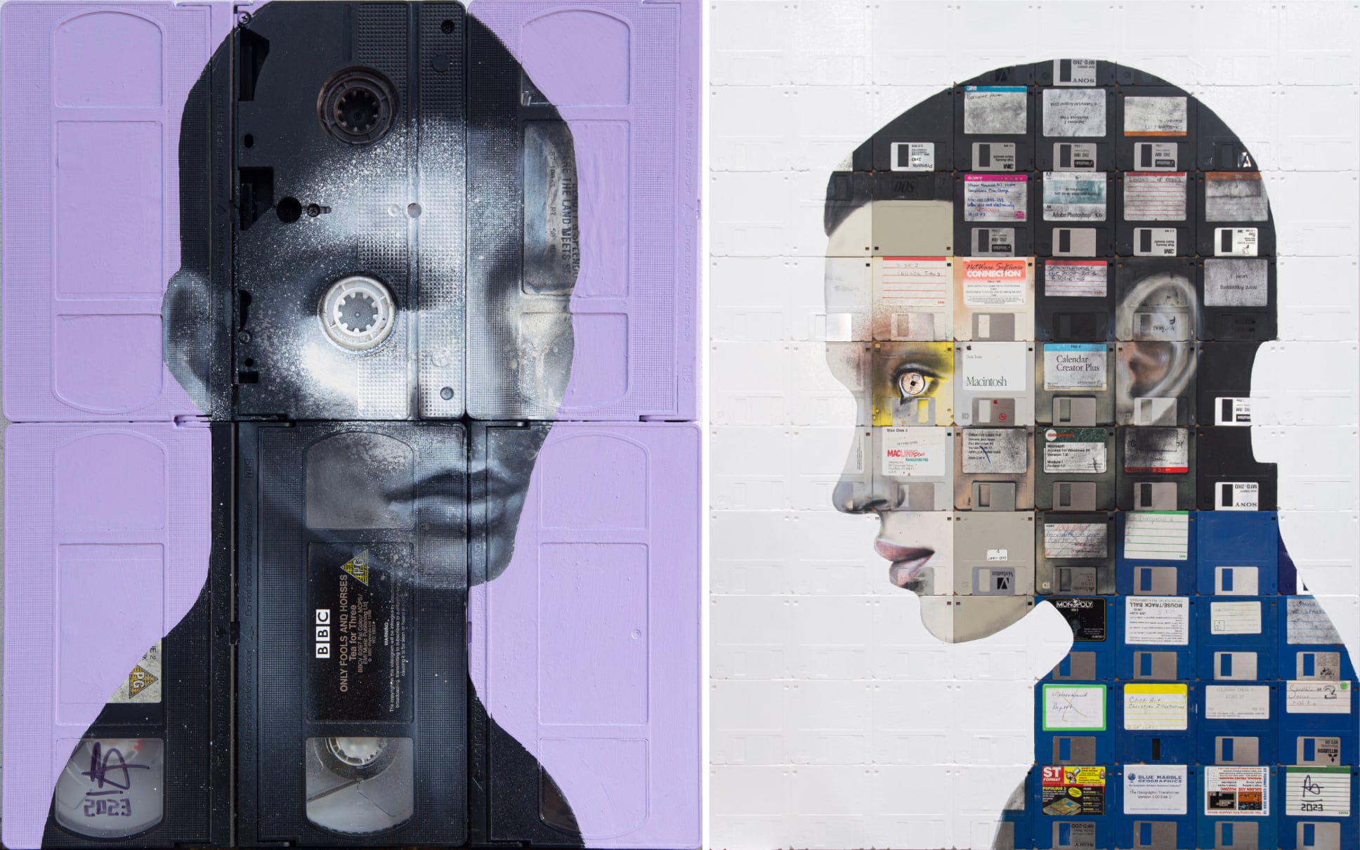 Two portraits, one on purple painted VHS tapes and the other on floppy disks. Both depict grayscale figures