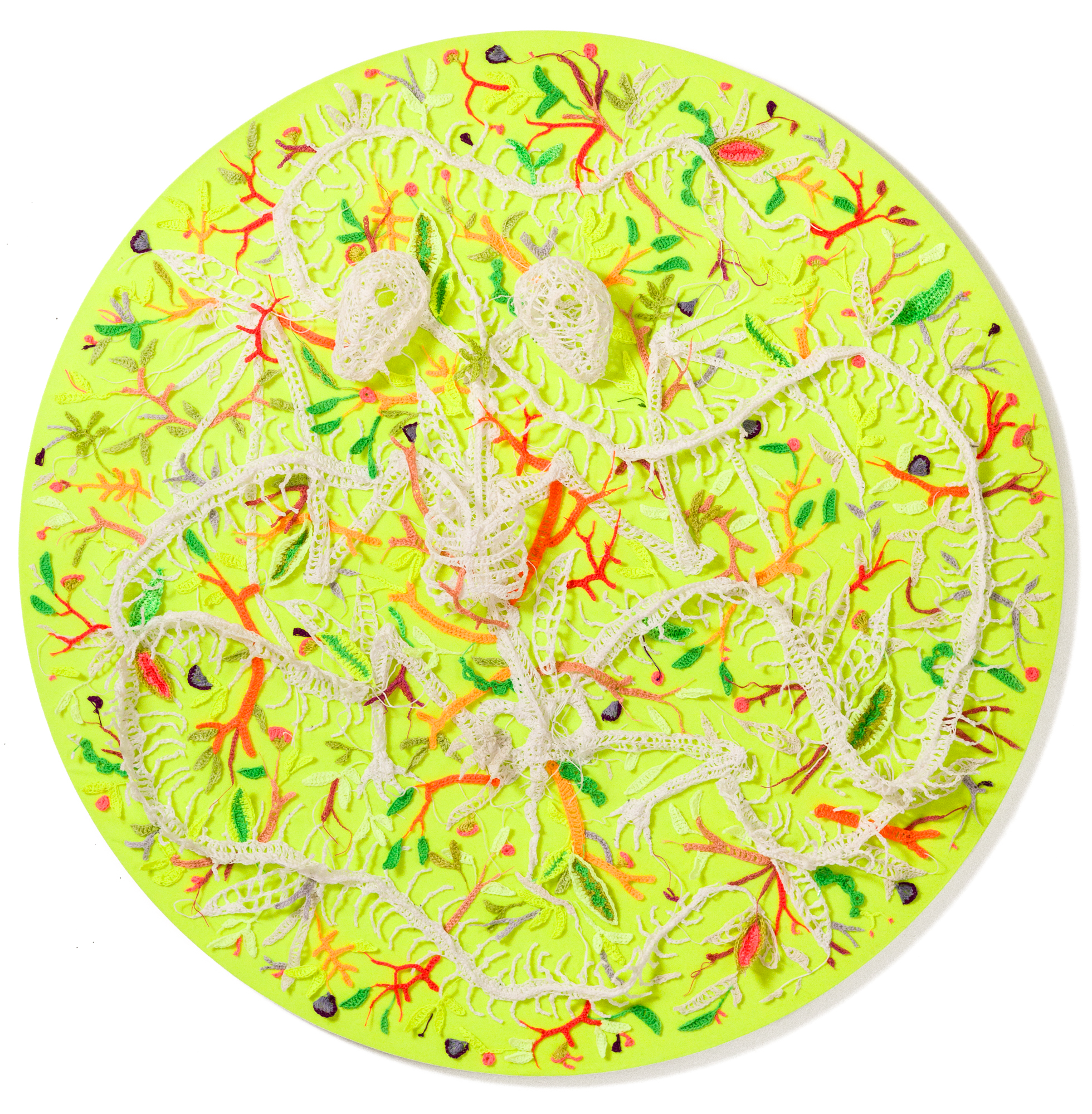 A circular composition of crocheted fiber that looks like tiny skeletons on a neon yellow background.