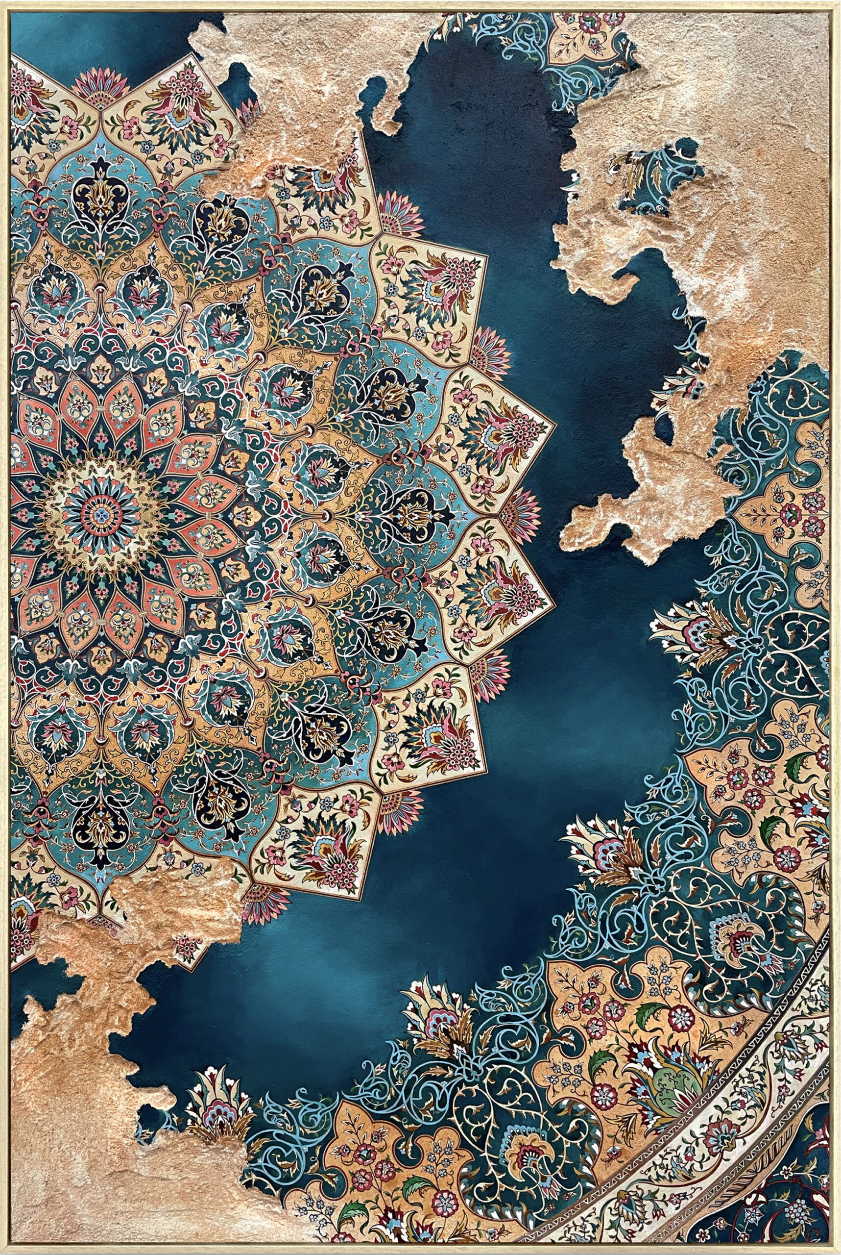 An acrylic painting on concrete in the pattern of an ornate carpet.