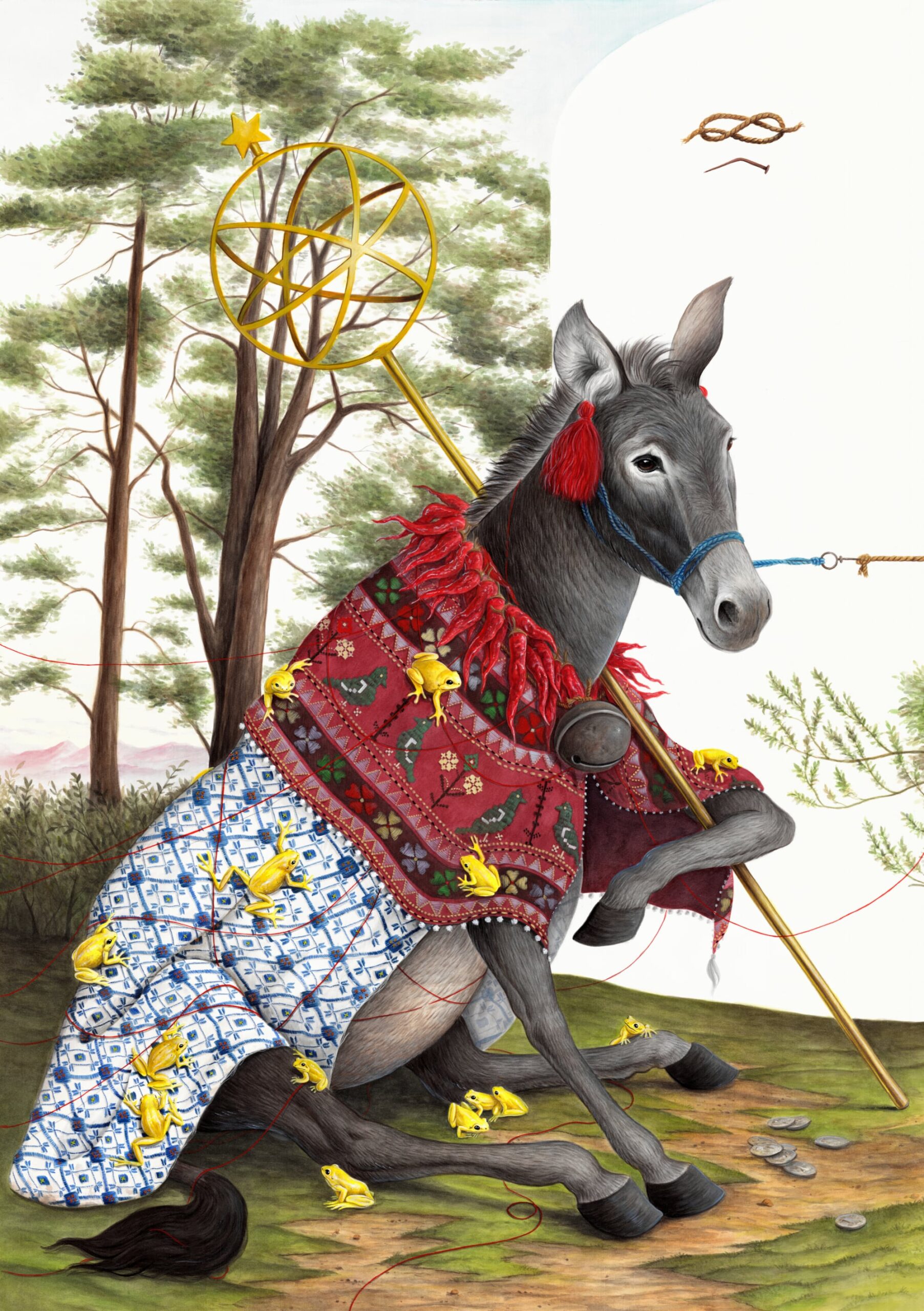 A donkey wearing a shawl and holding a gold staph