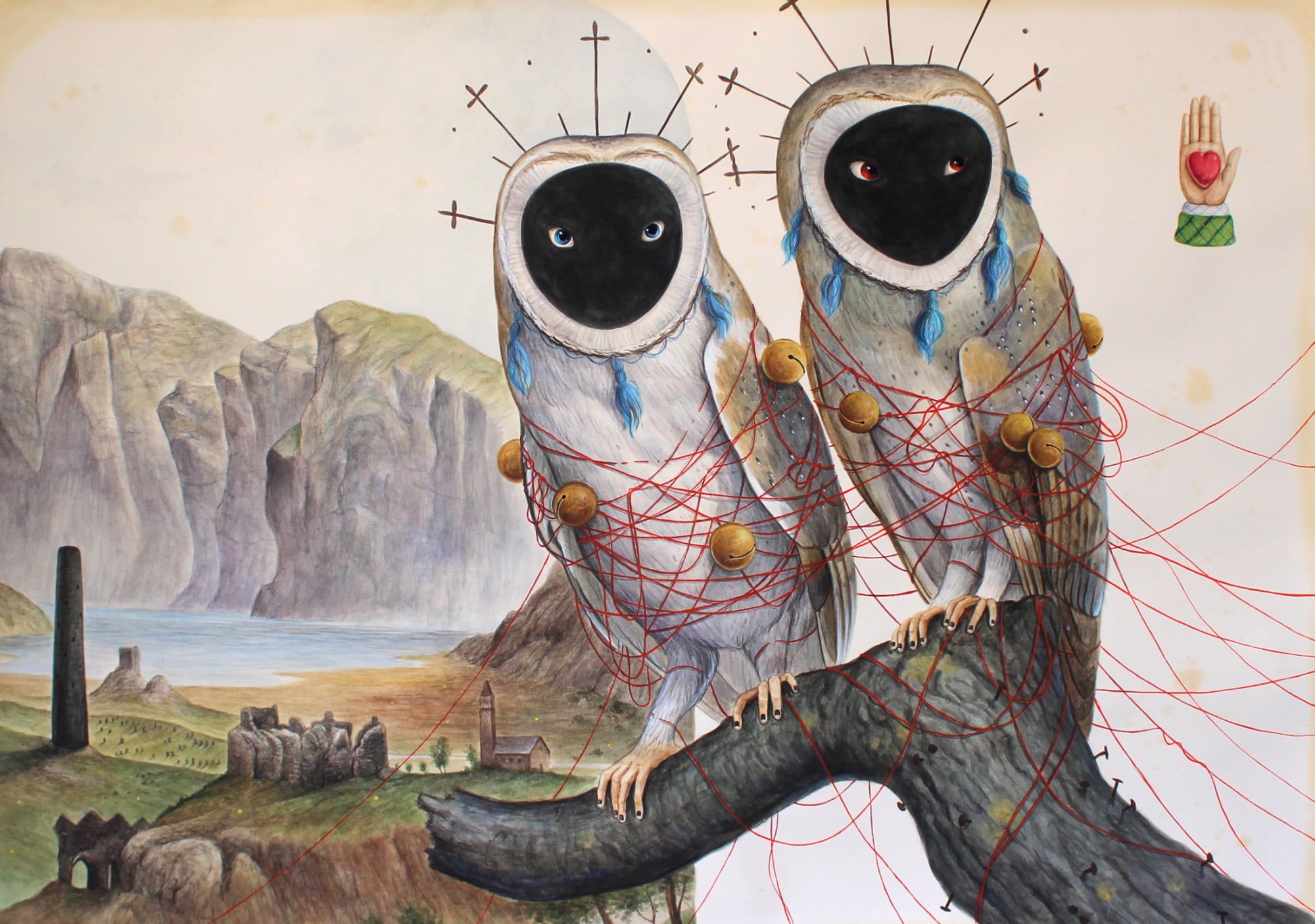Two owls with deep black faces are entwined with red threads. A seaside landscape and town is in the area to the left