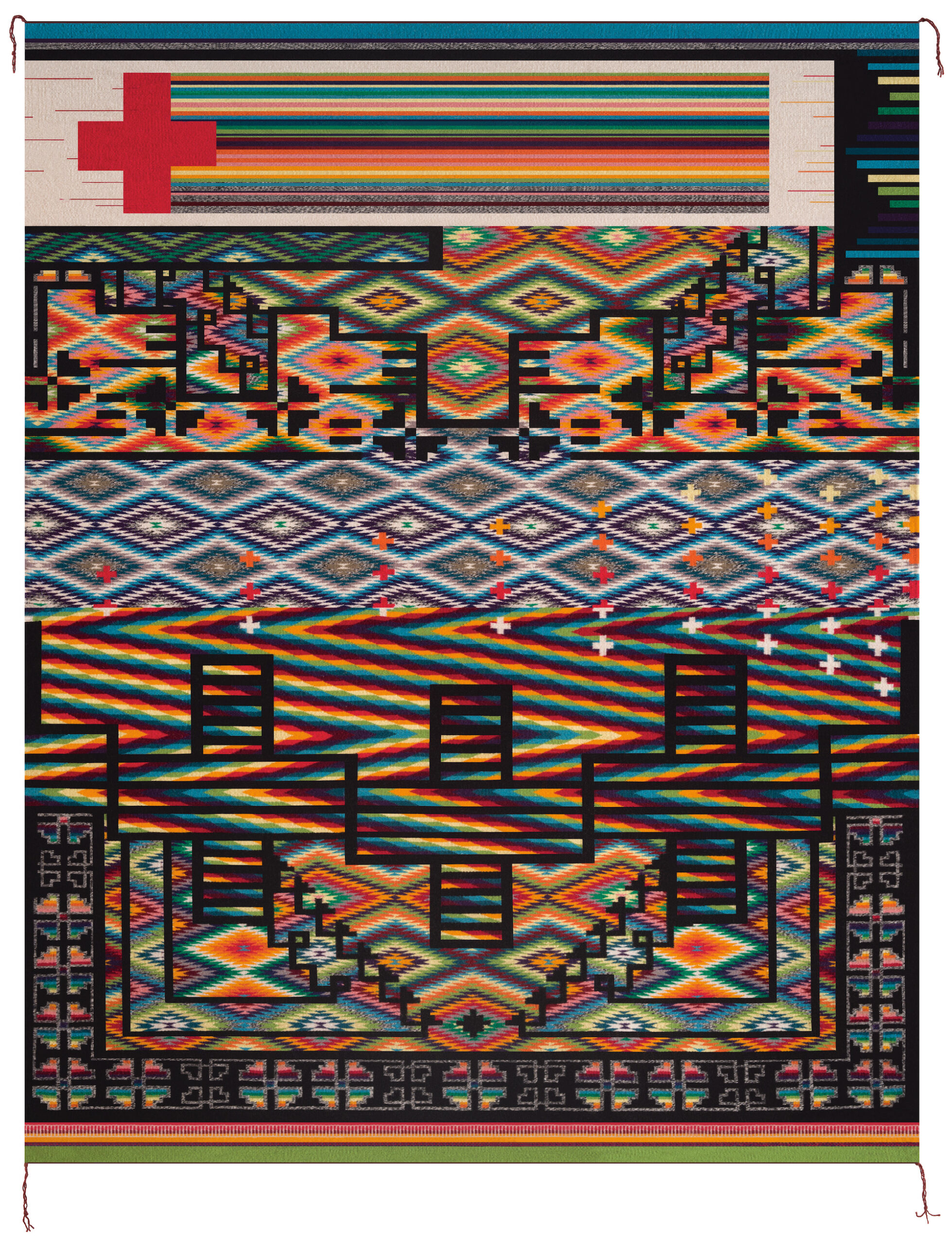 A geometrically patterned textile weaving.