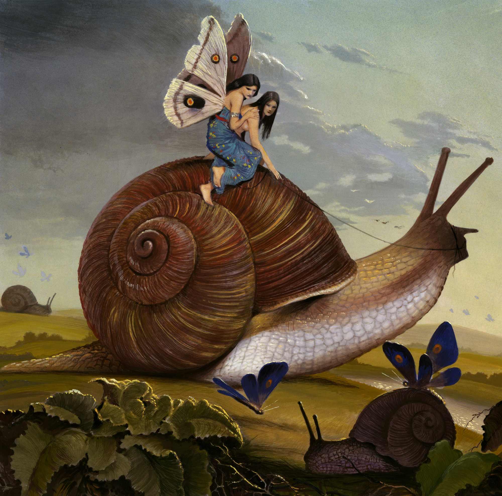 A painting of two fairy-like female figures on top of a giant snail.
