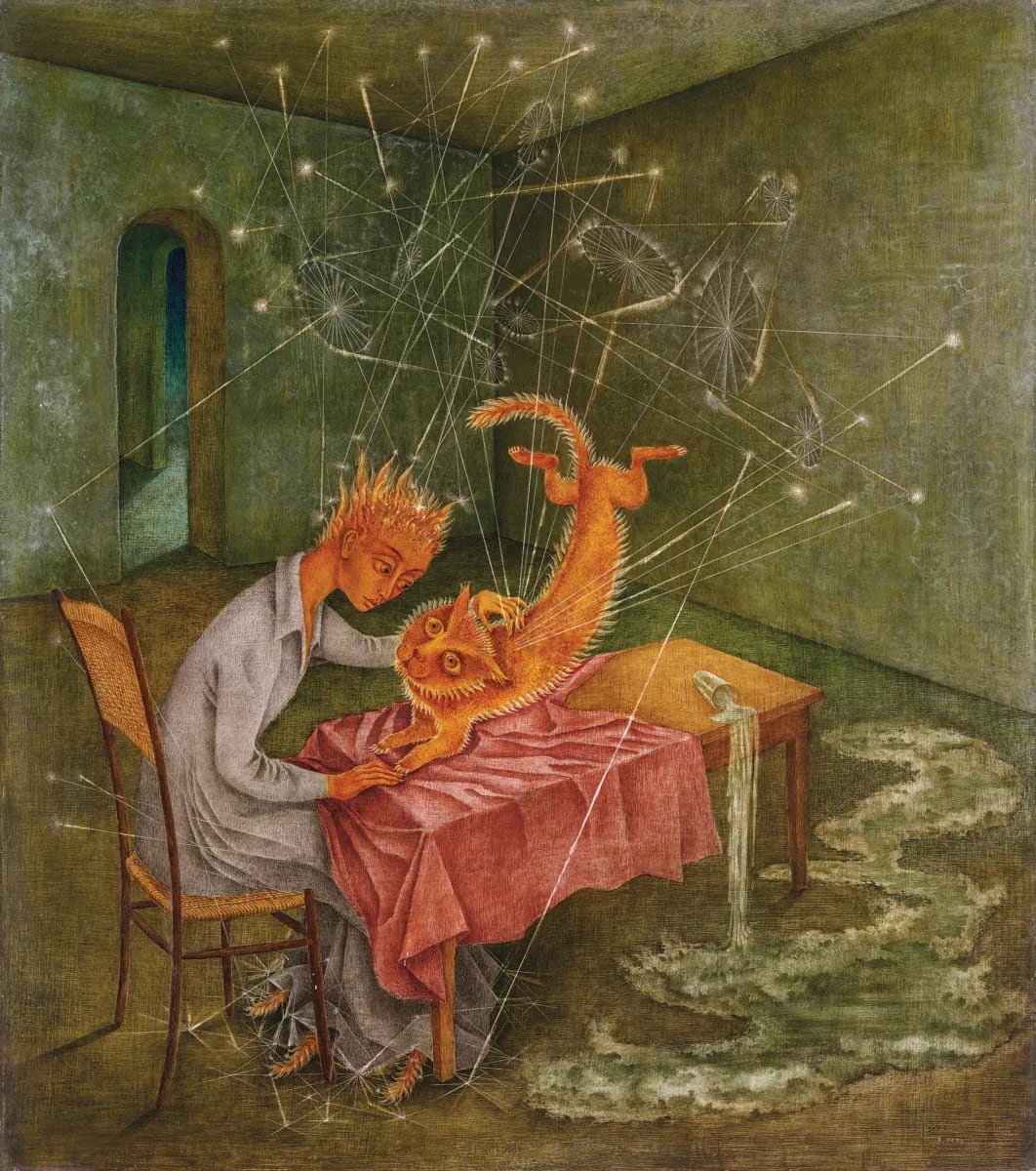 a woman sits at a table with her cat, both of their hair is orange and spiked. a constellation hovers overhead