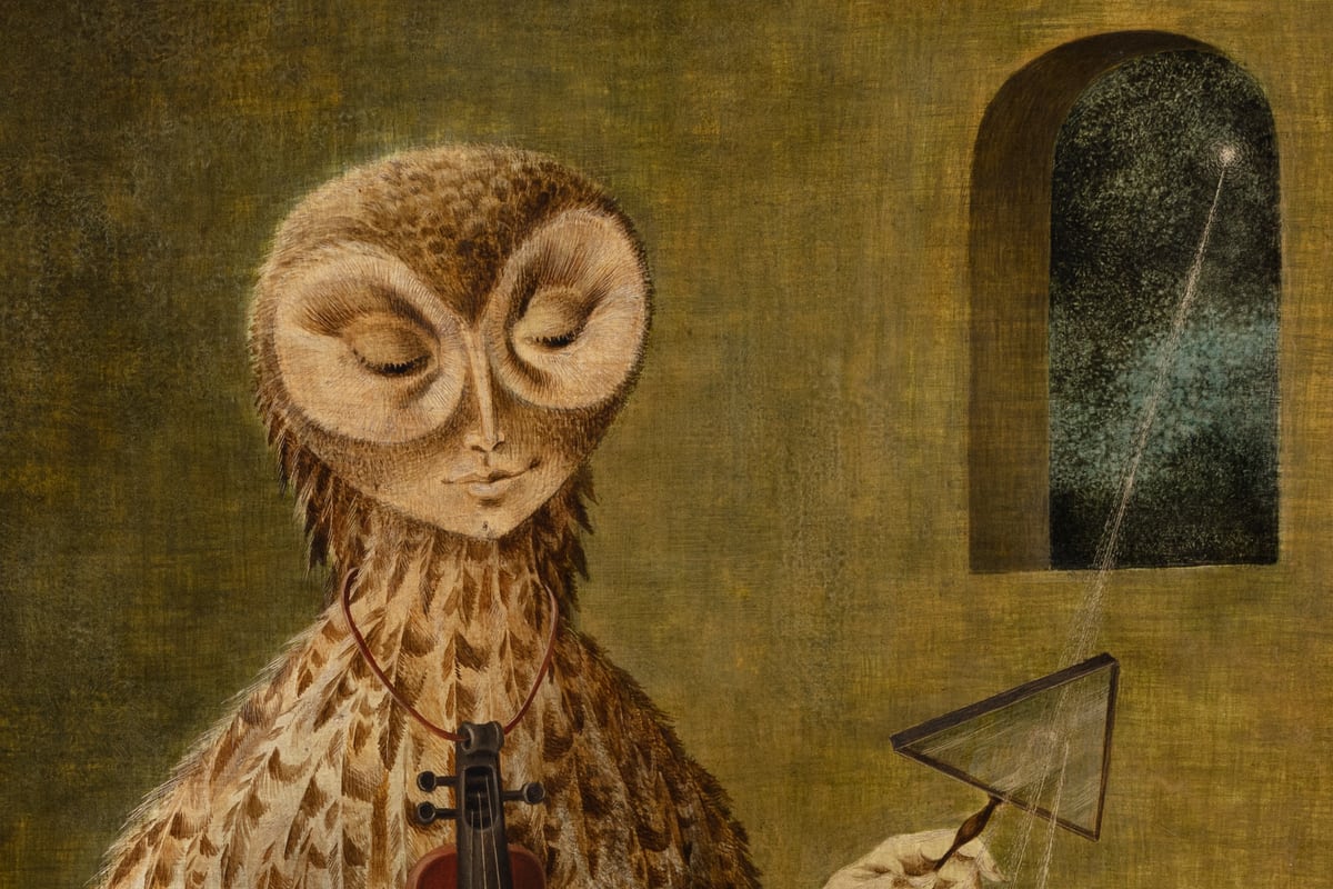 a hybrid figure with an owl like face and a moonlit window on the right