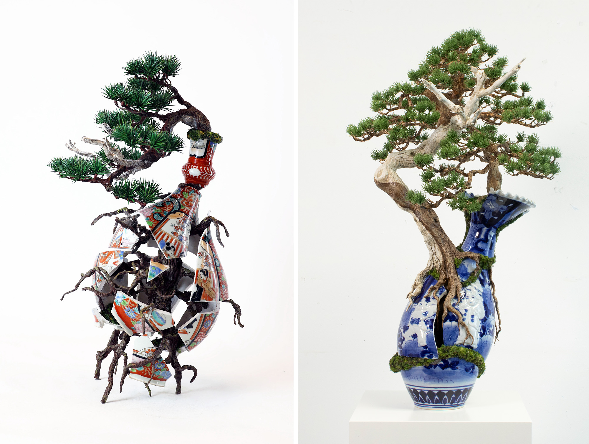 Two images of sculptures of a bonsai tree bursting out of antique vases.