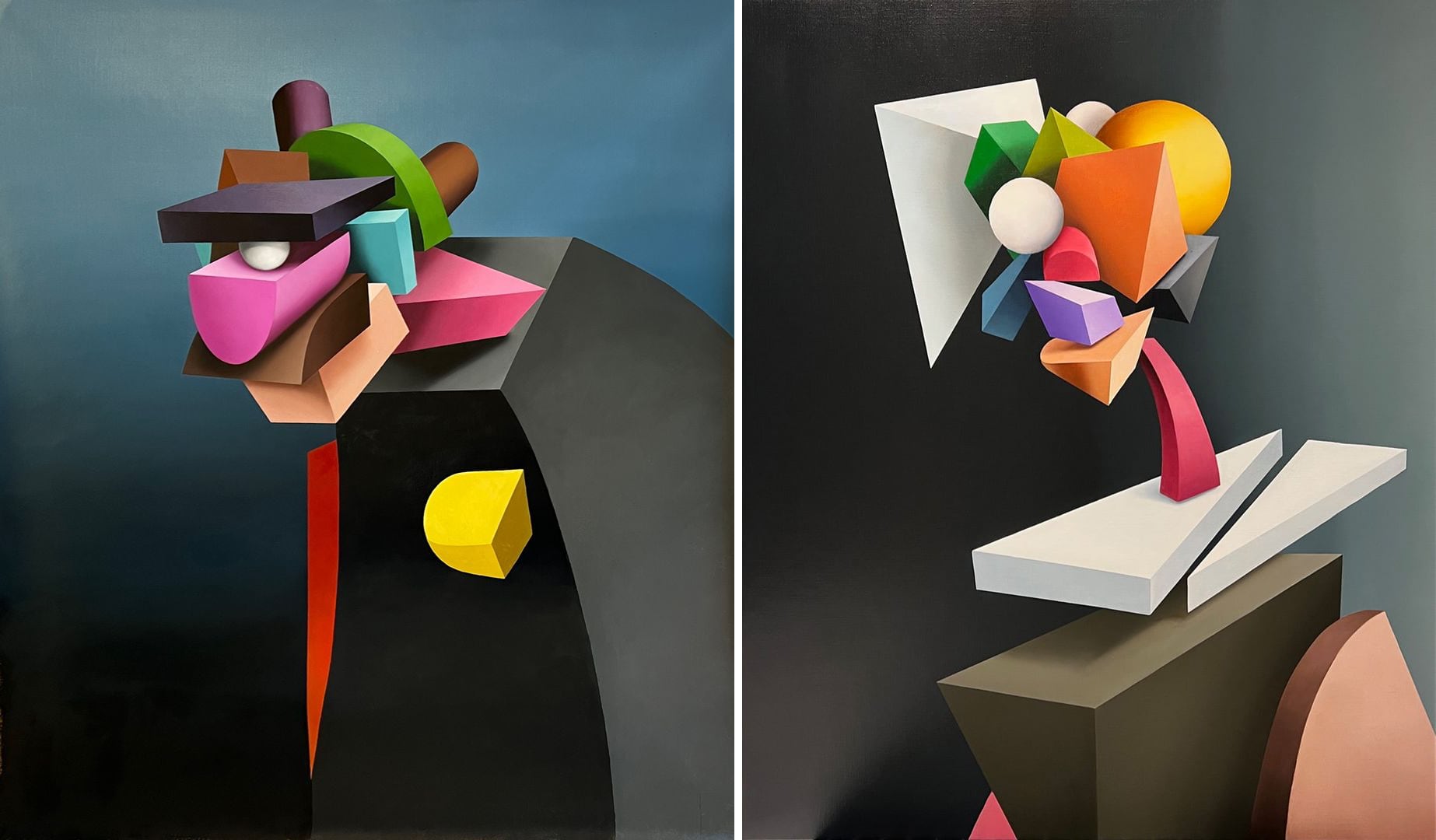 two cubist portraits composed with geometric color blocked shapes