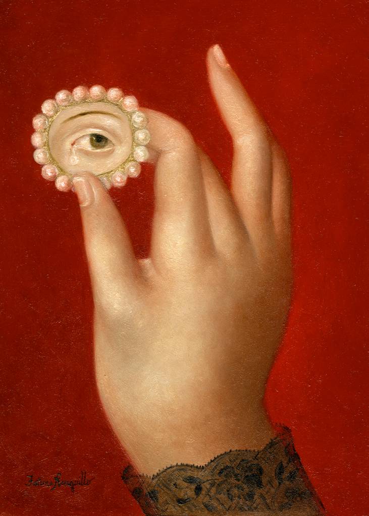 A delicate hand holds a small painting of an eye with a pearl border