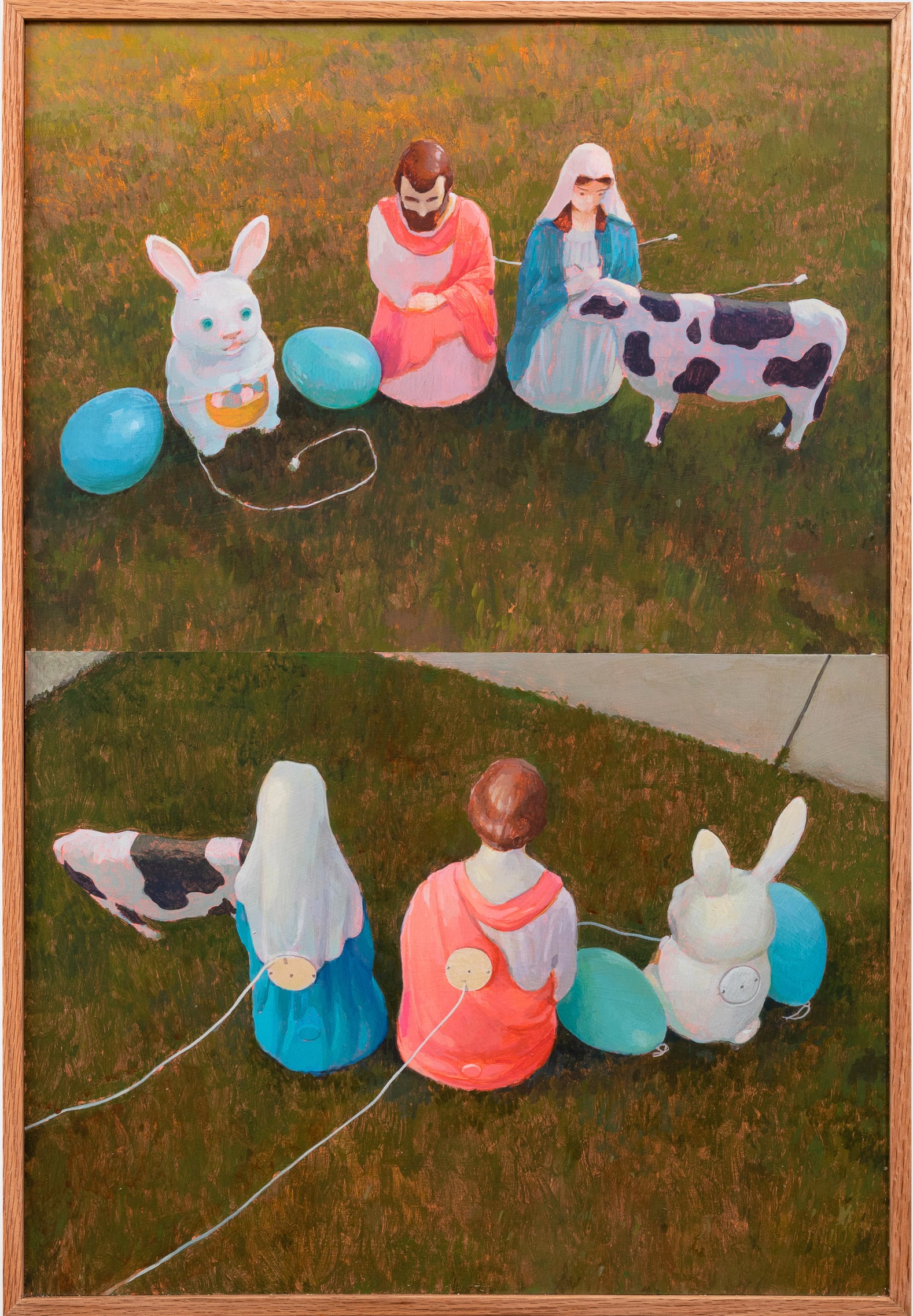 a painting of lawn decorations of an easter bunny and eggs, mary and joseph, and a cow