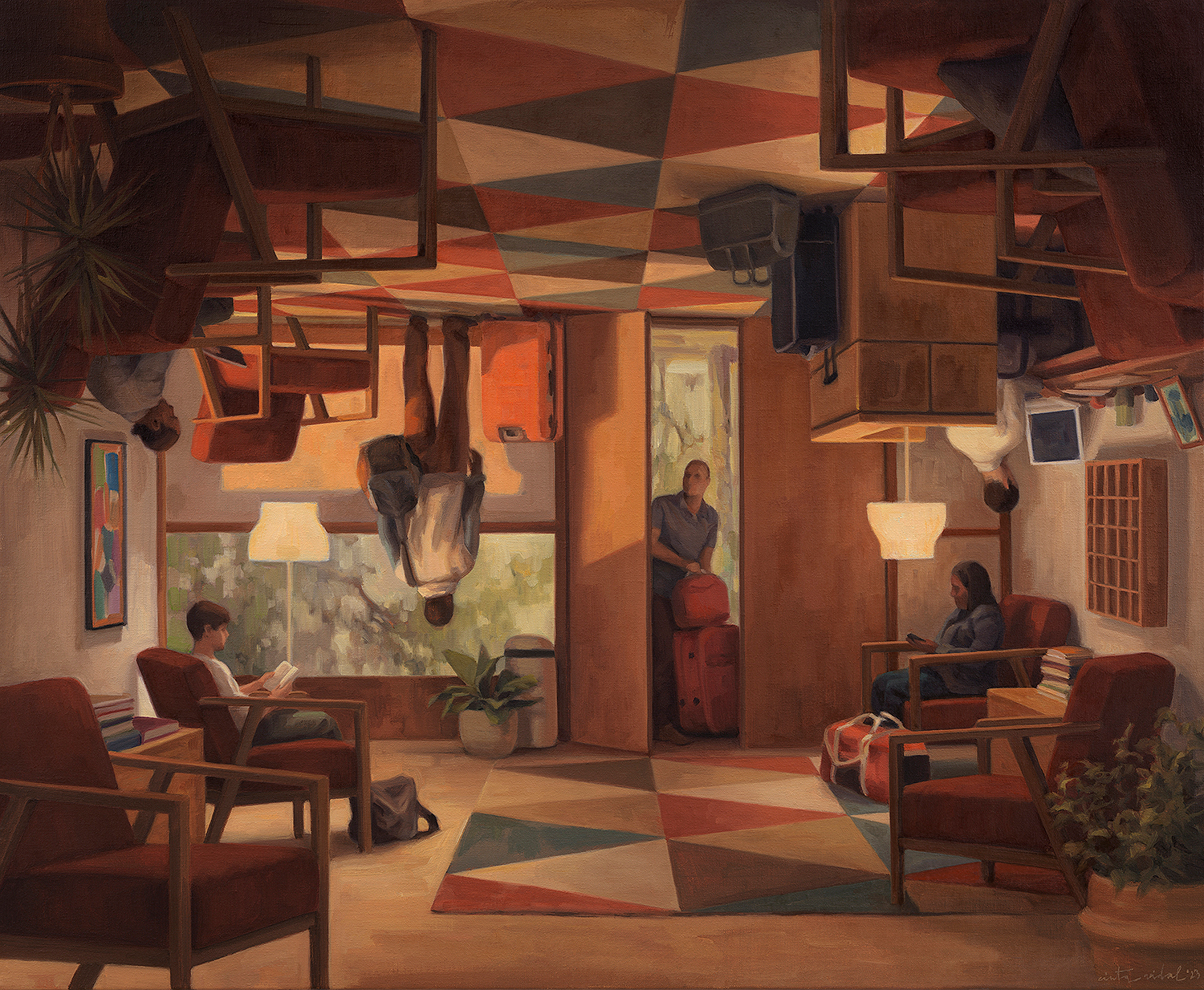 An oil painting of a home interior with figures on the top and bottom, which can be flipped either way.