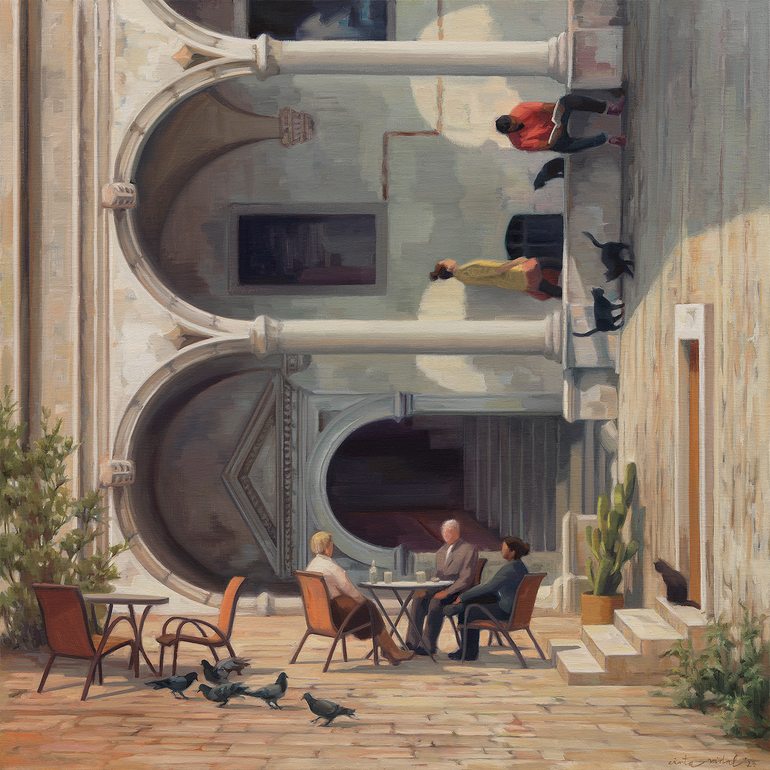 An oil painting of people sitting at a table in a Renaissance plaza, with the architecture turned sideways.