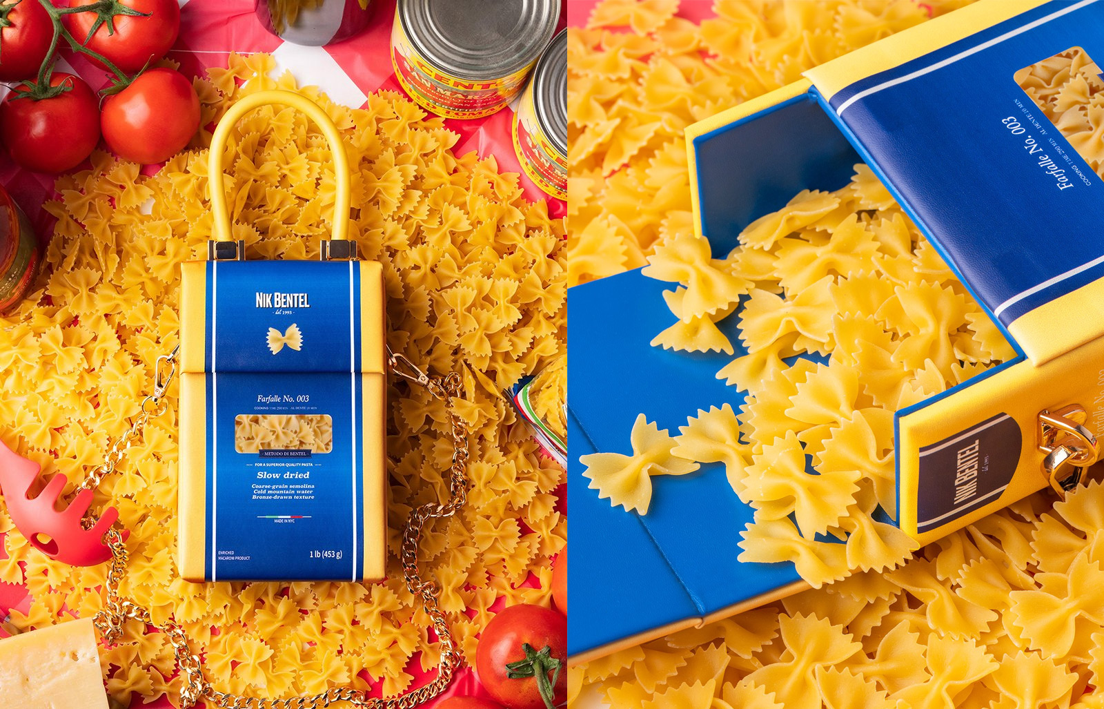 Two images of a purse shaped like a box of pasta with a handle and chain, photographed on a table covered in tagliatelle.