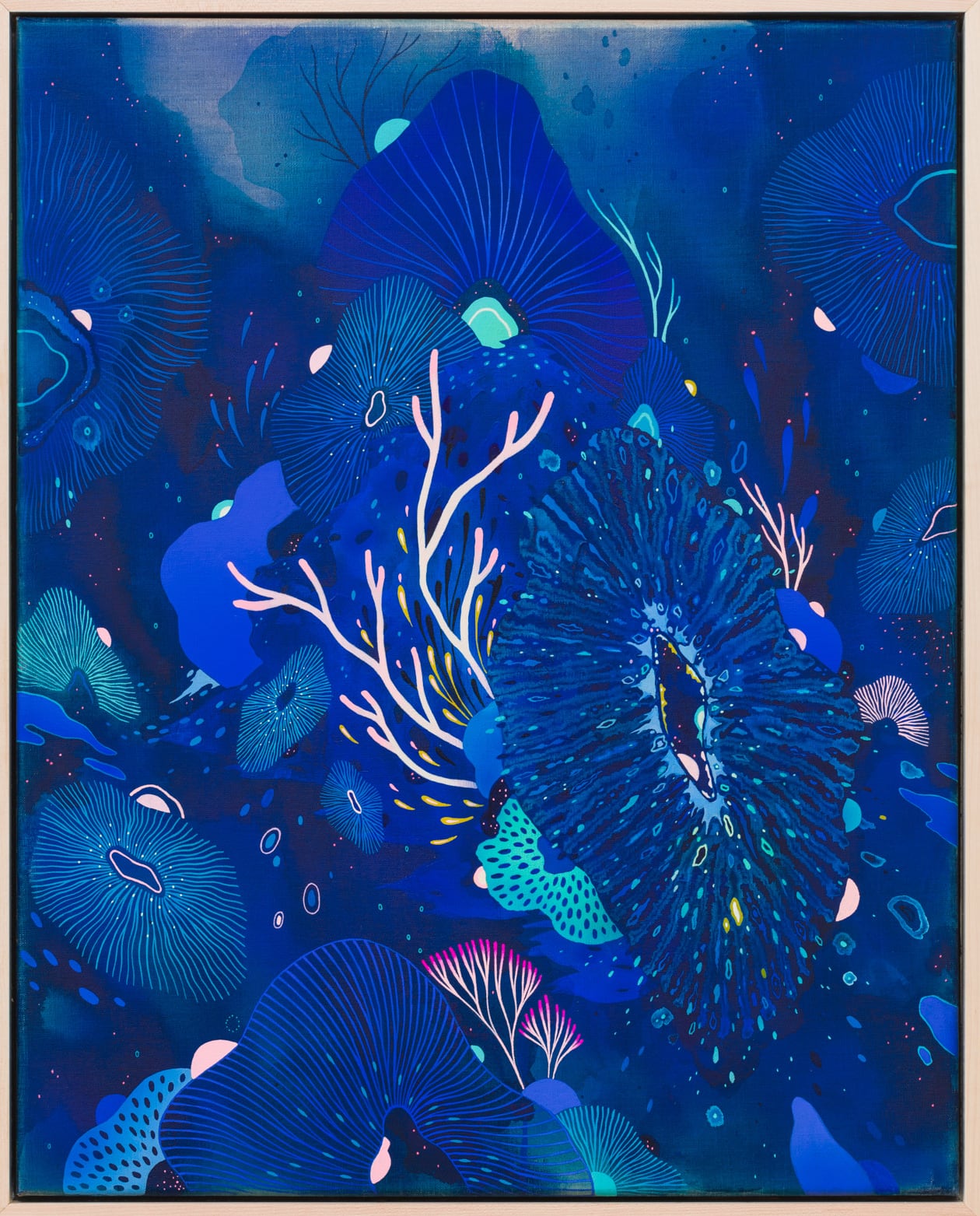 a largely blue painting of coral and kelp like forms