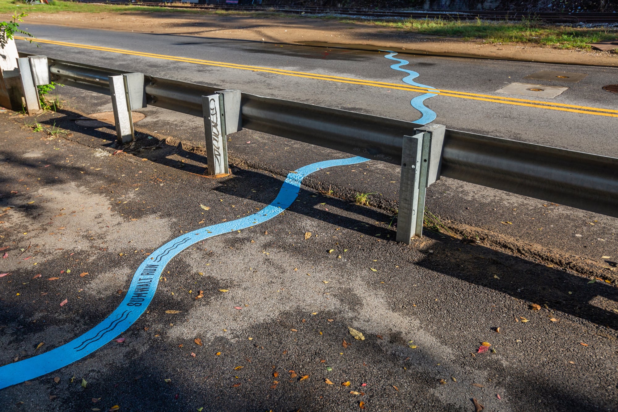A blue line like a river runs across a roadway