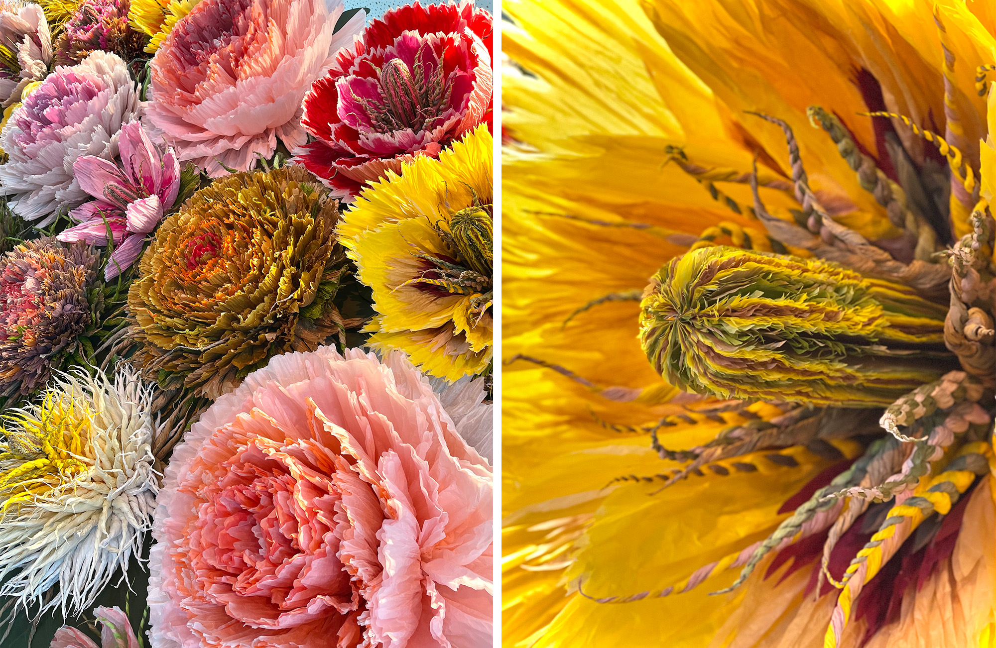 Two details of paper flower sculptures. The left image shows numerous flowers in different shapes and colors. The right image shws the center of a yellow flower.