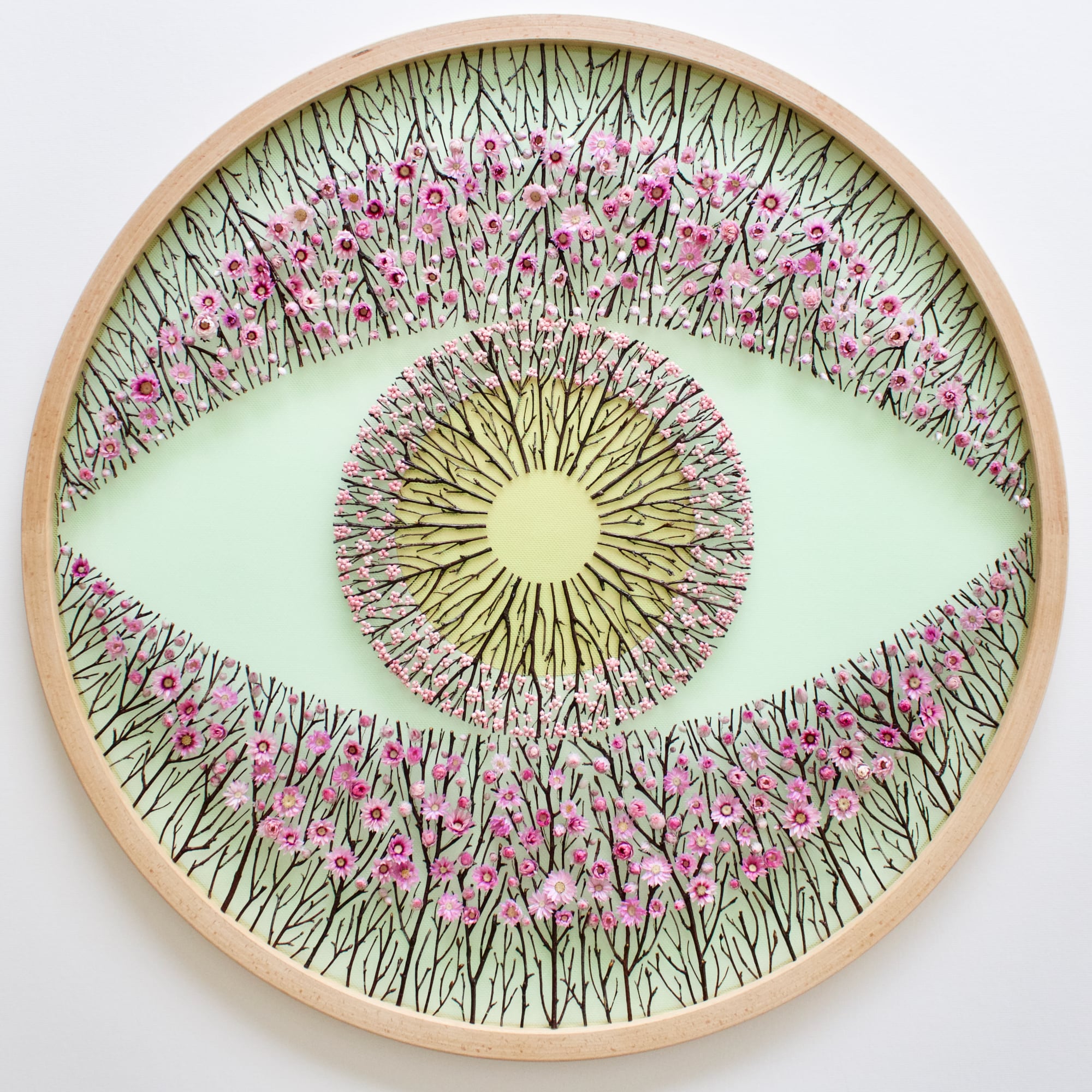 An embroidery artwork made with real flowers on a transparent surface, hinting at the shape of an eye.