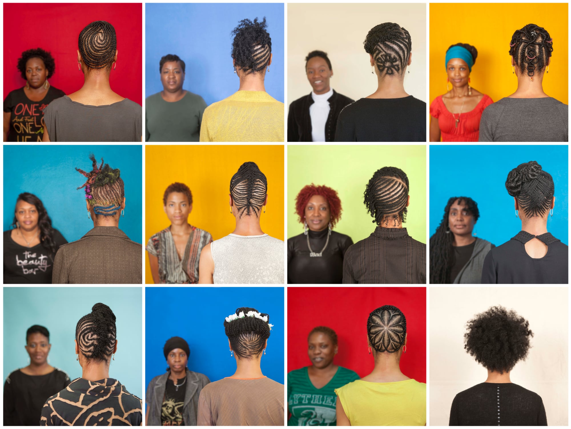 A grid of portraits with one woman with her back turned to the camera and other women blurred in the backdrop