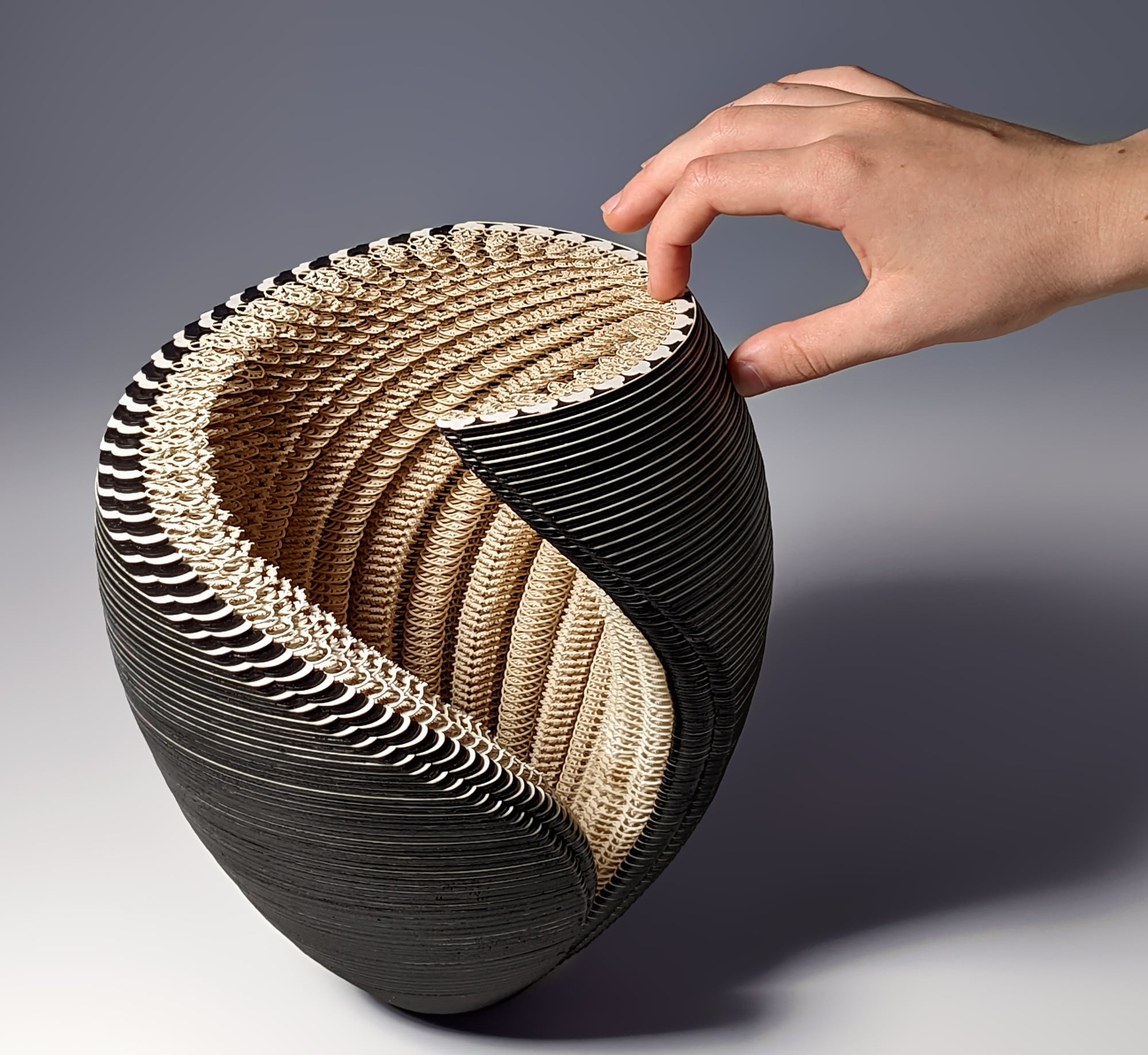 a hand touches a swooshing vessel with tessellating patterns