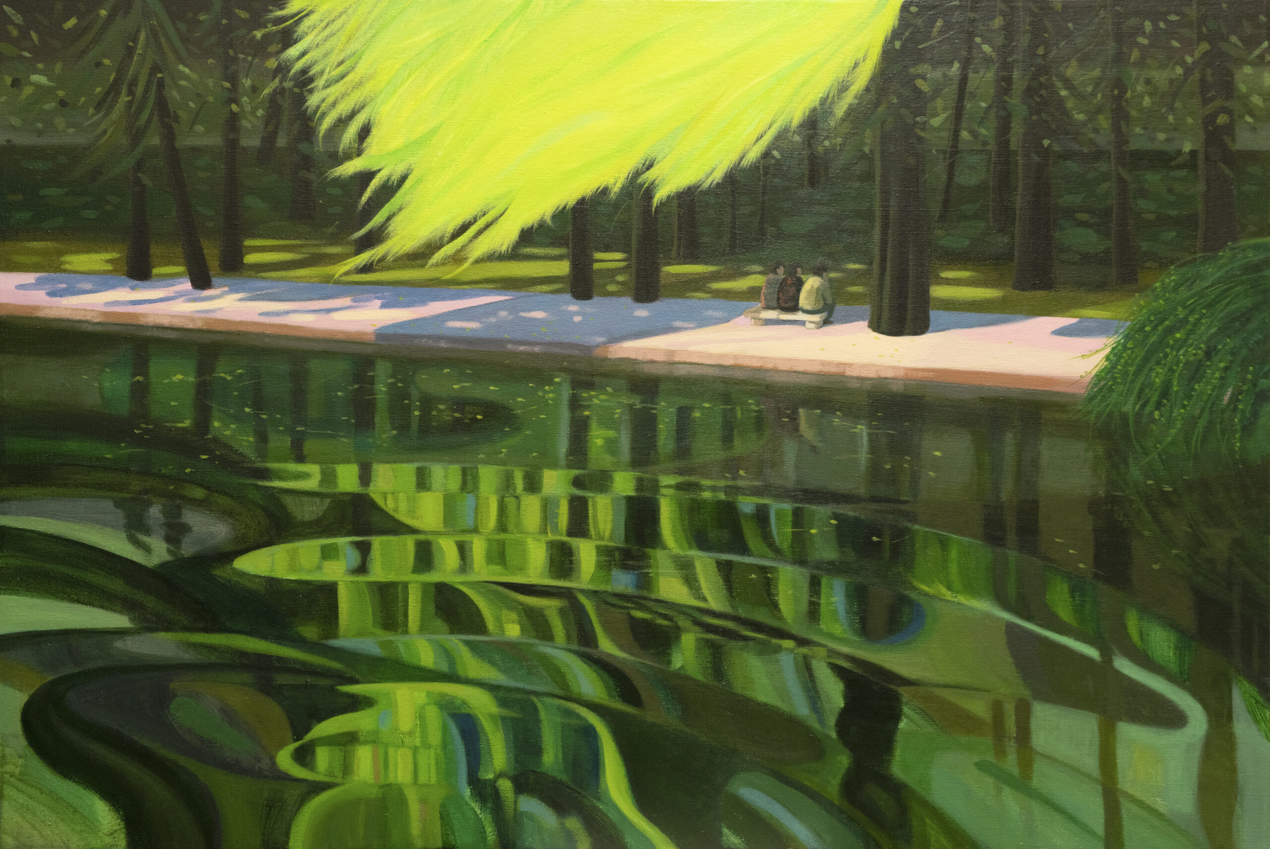 a body of water near a forest is various hues of green, depicting reflections of the water in a patterned and abstract way. 