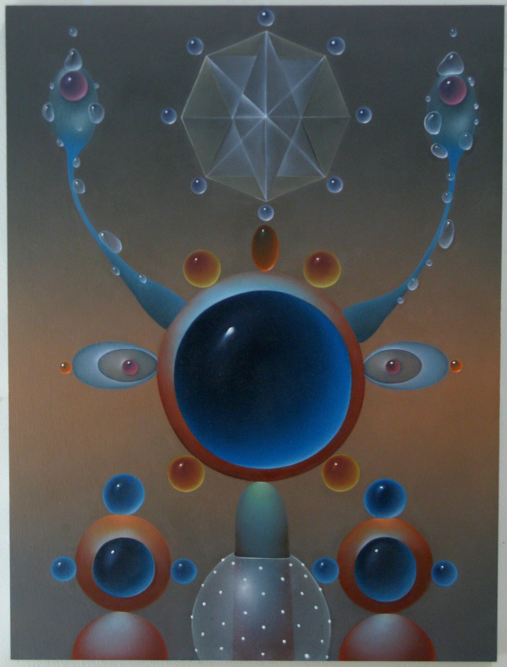 a symmetric work with orbs and geometric shapes that appear like eyes