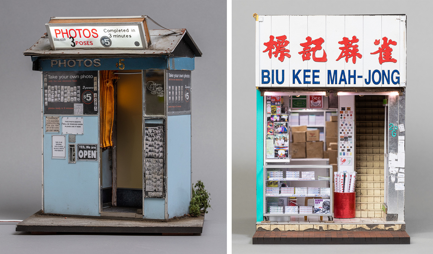 A side-by-side image of two miniature structures. The one on the left shows a photobooth, and the one of the right shows a Maj-jong shop.