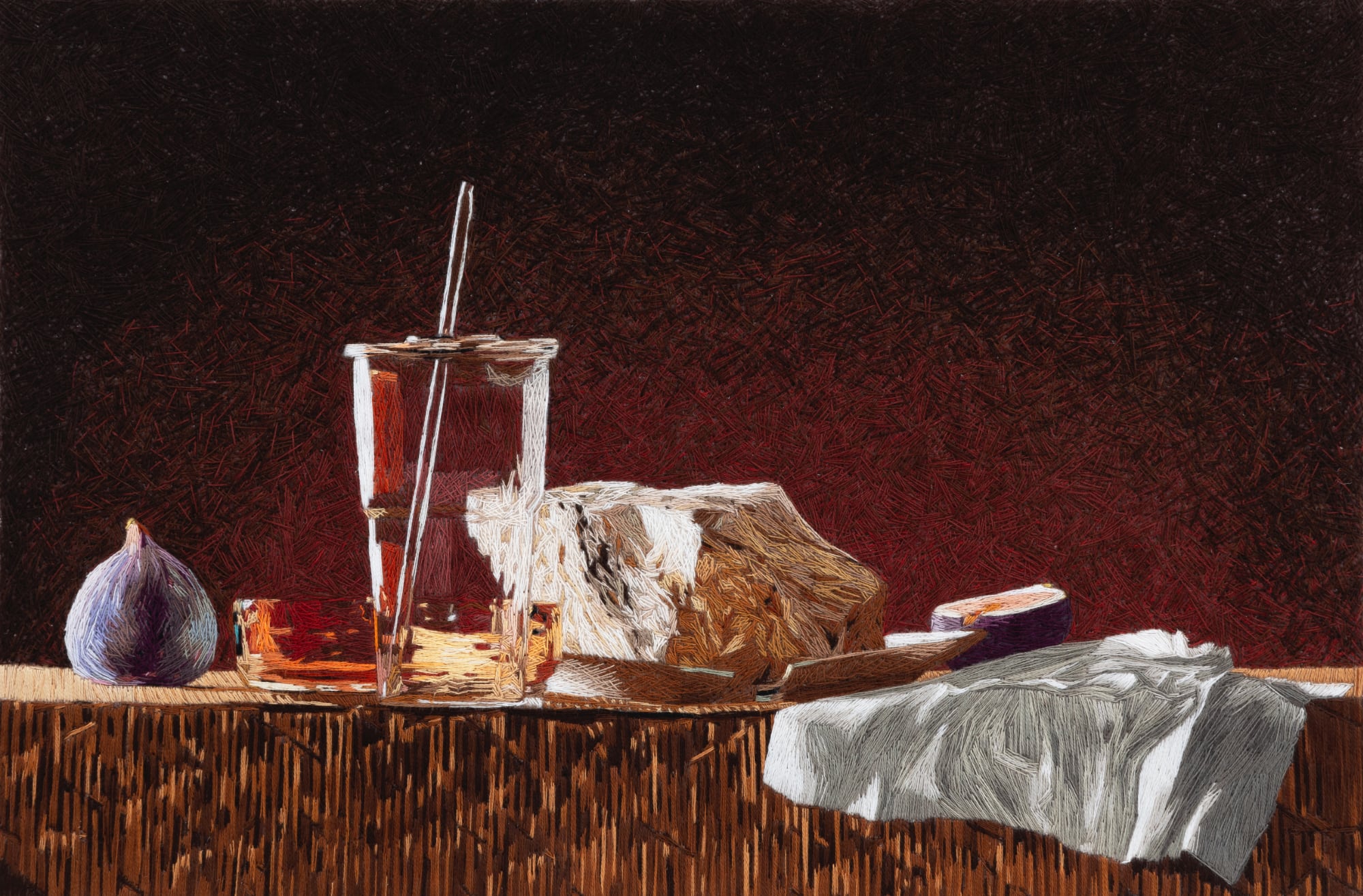 A still life of a cup with a straw, figs, bread, and a cloth.