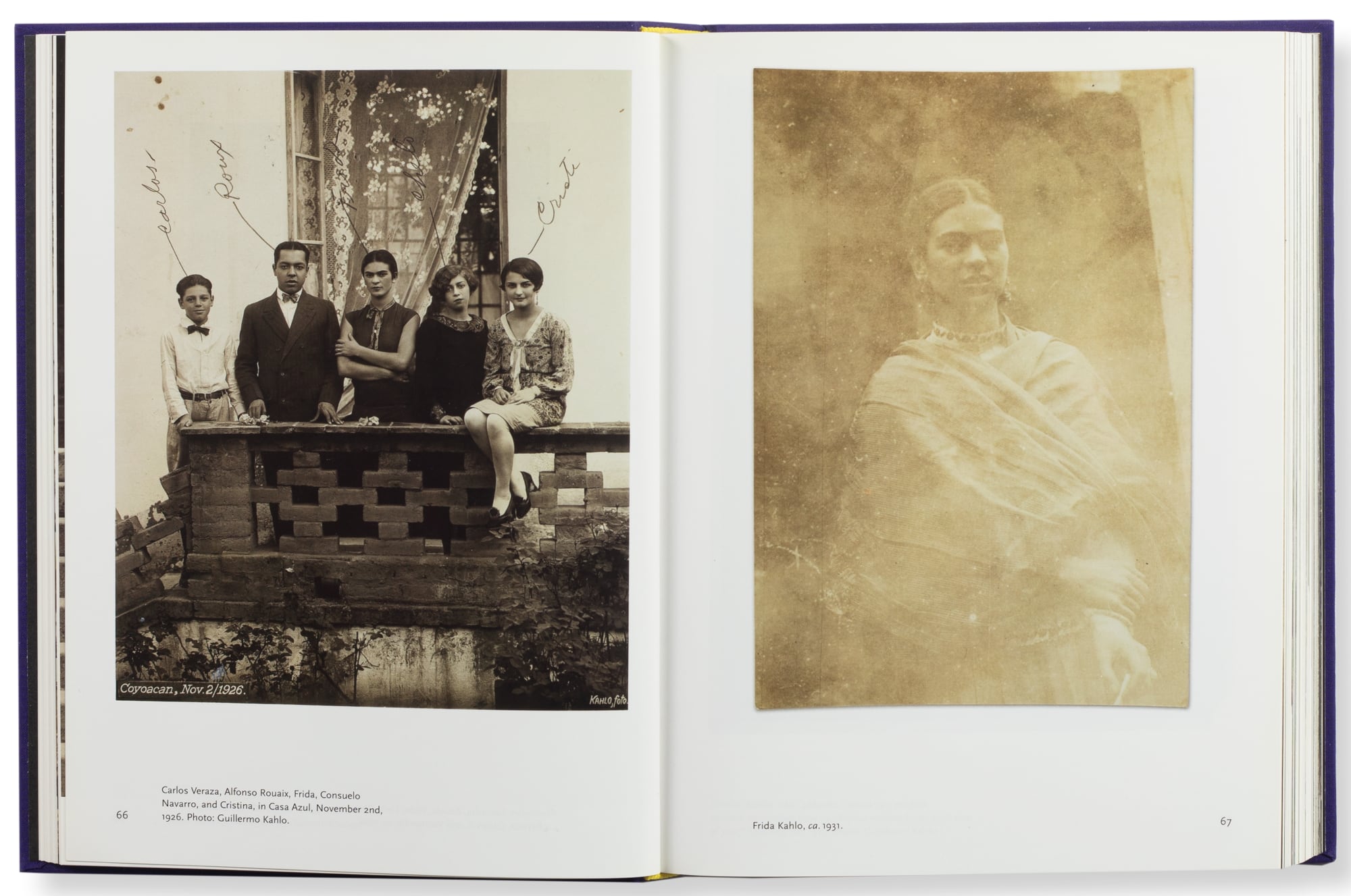 a book spread open with two images. on the left: a group portrait on a balcony. right: a hazy portrait of frida