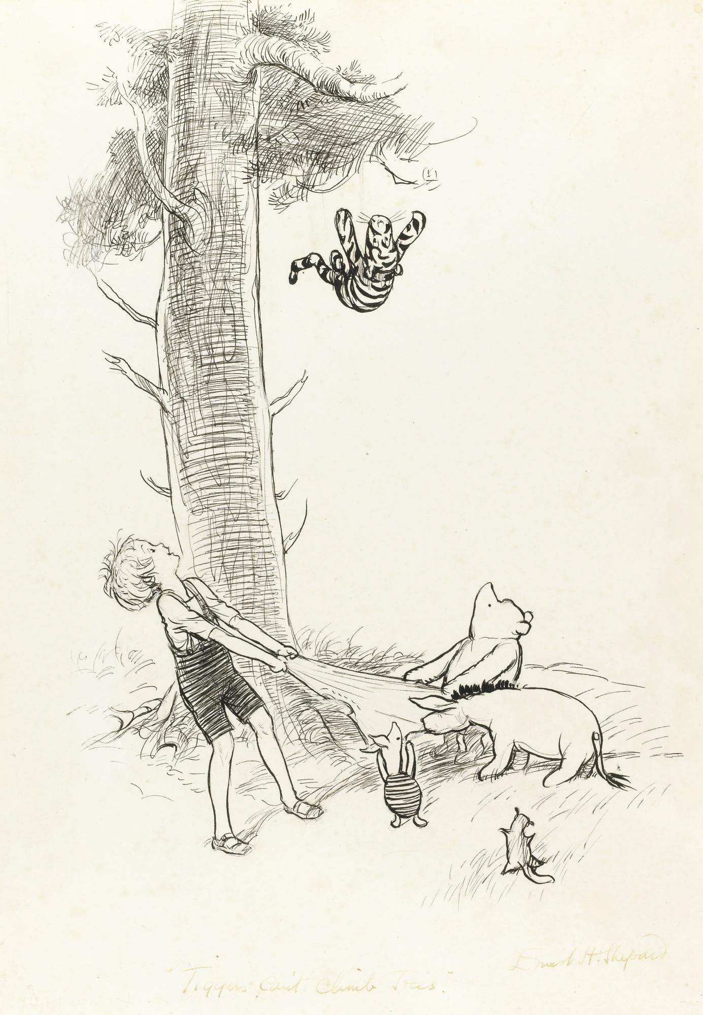 An illustration of Tigger falling out of a tree and about to be caught by Christopher Robin, Poo, Piglet, Eeyore, and a squirrel.