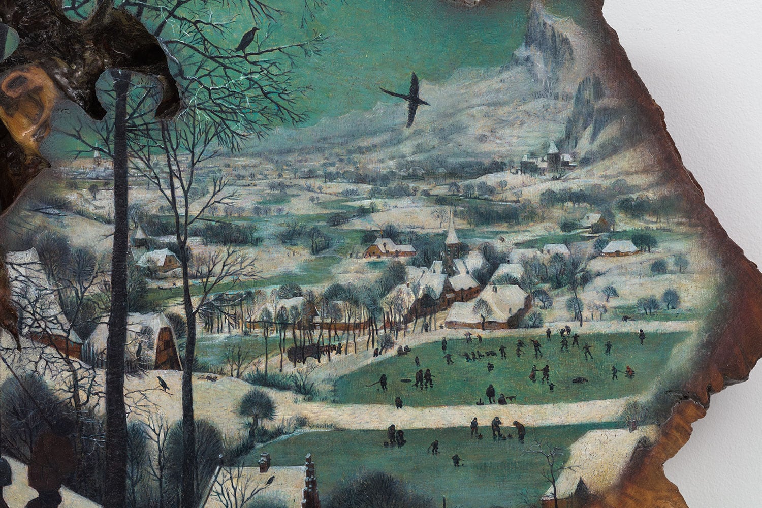 a detail image of people ice skating in a painting on a woodcut