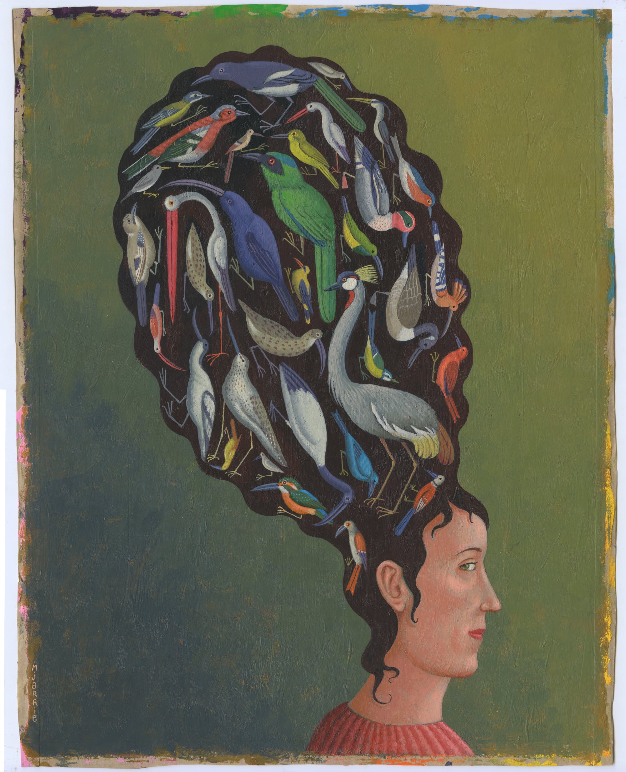 a portrait of a woman with a large bouffant filled with birds
