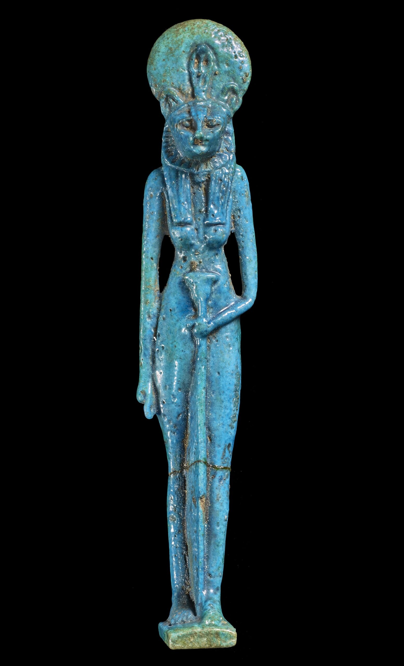 a blue statue of a feminine figure with a cat head