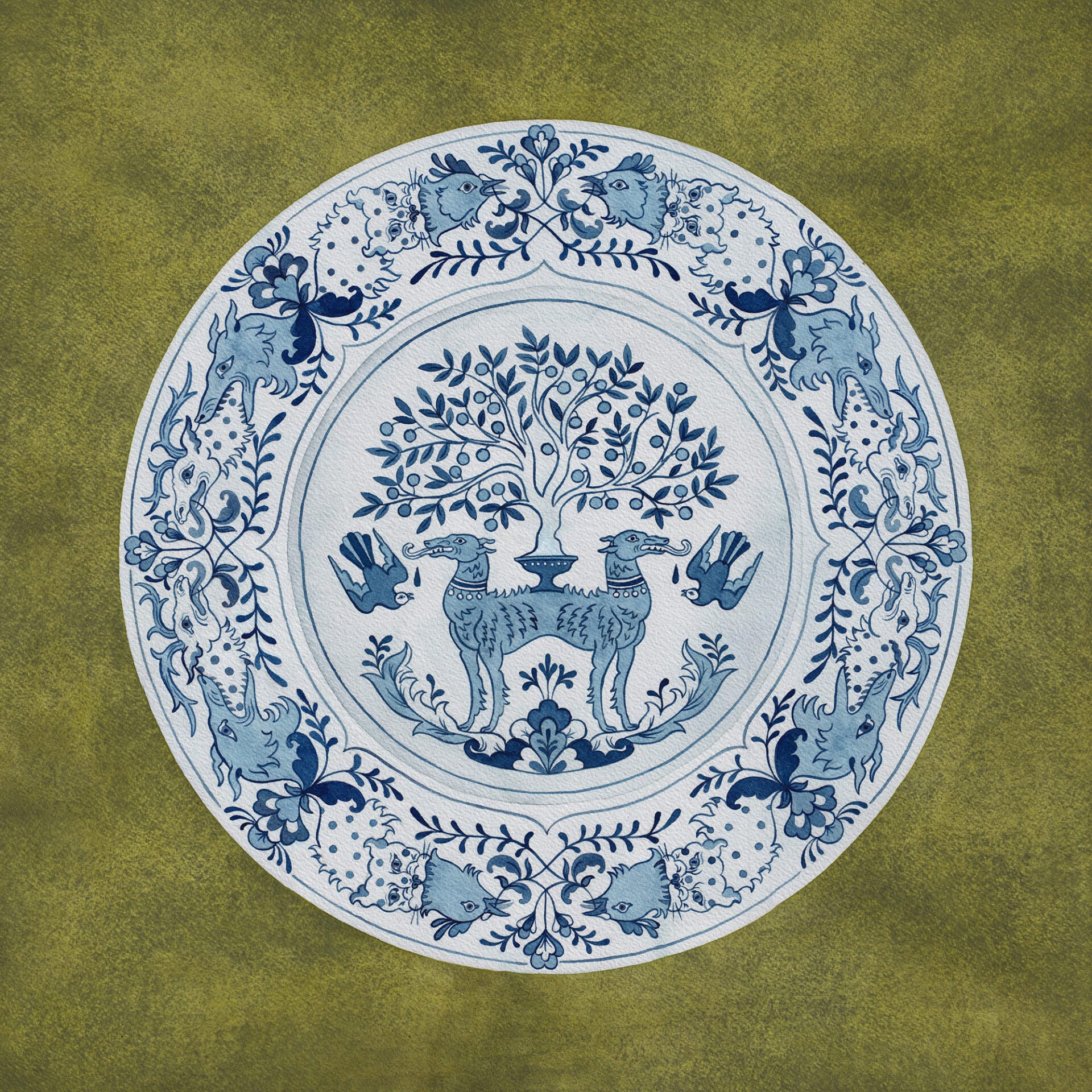 a white plate painted with blue animals and foliage