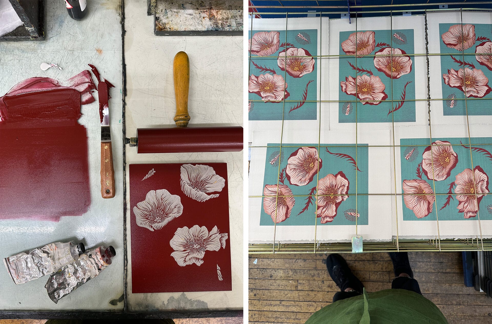 Two images side-by-side showing the process of making a linocut print. On the left, red ink is rolled over a piece of lino. On the right, prints dry on a rack.
